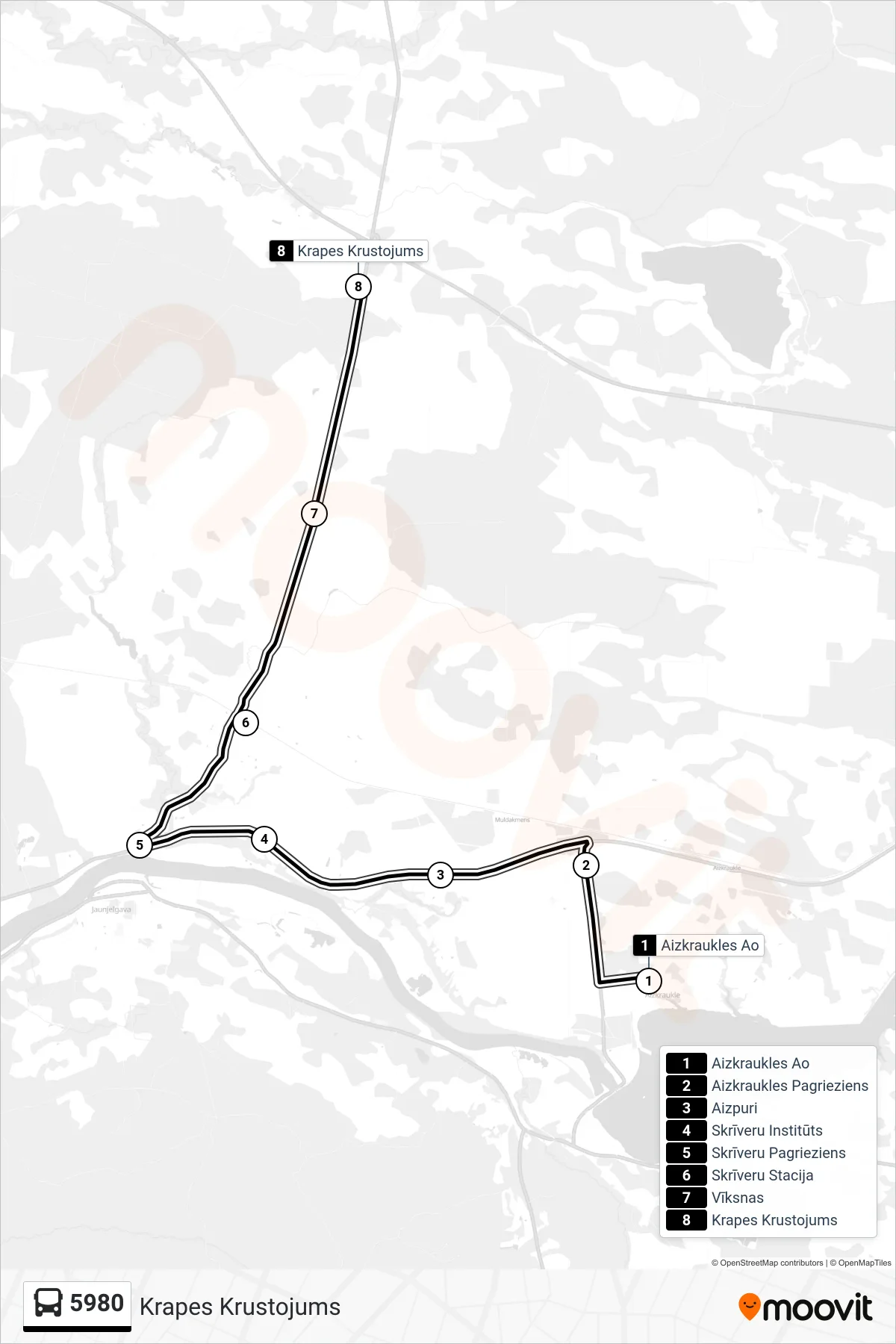 5980 bus Line (Krapes Krustojums) route and stops on a map