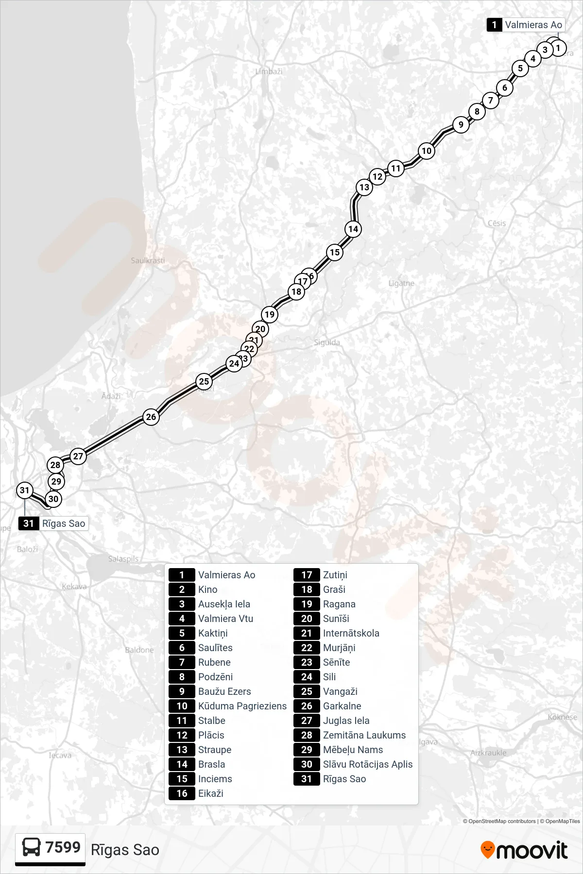 7599 bus Line (Rīgas Sao) route and stops on a map