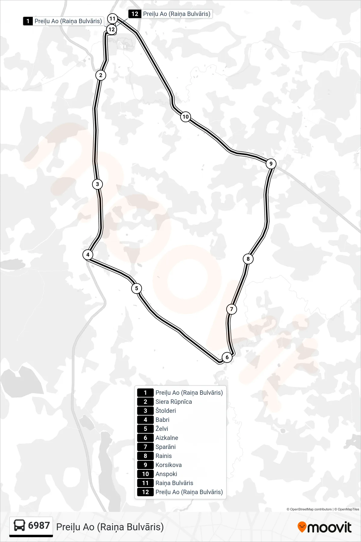 6987 bus Line (Preiļu Ao (Raiņa Bulvāris)) route and stops on a map
