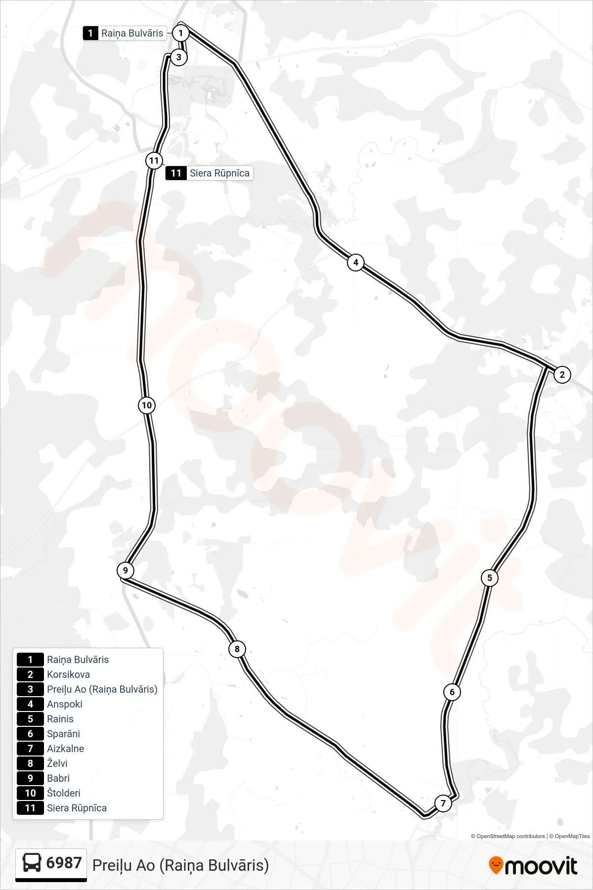 6987 bus Line (Preiļu Ao (Raiņa Bulvāris)) route and stops on a map