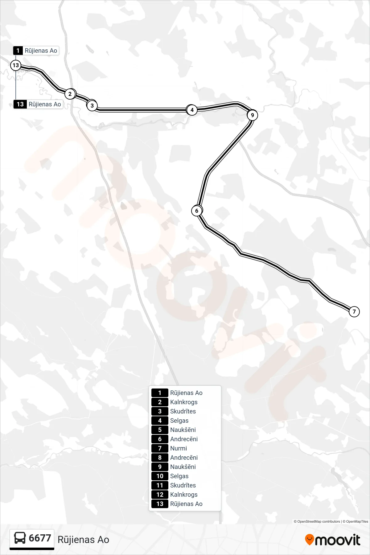 6677 bus Line (Rūjienas Ao) route and stops on a map