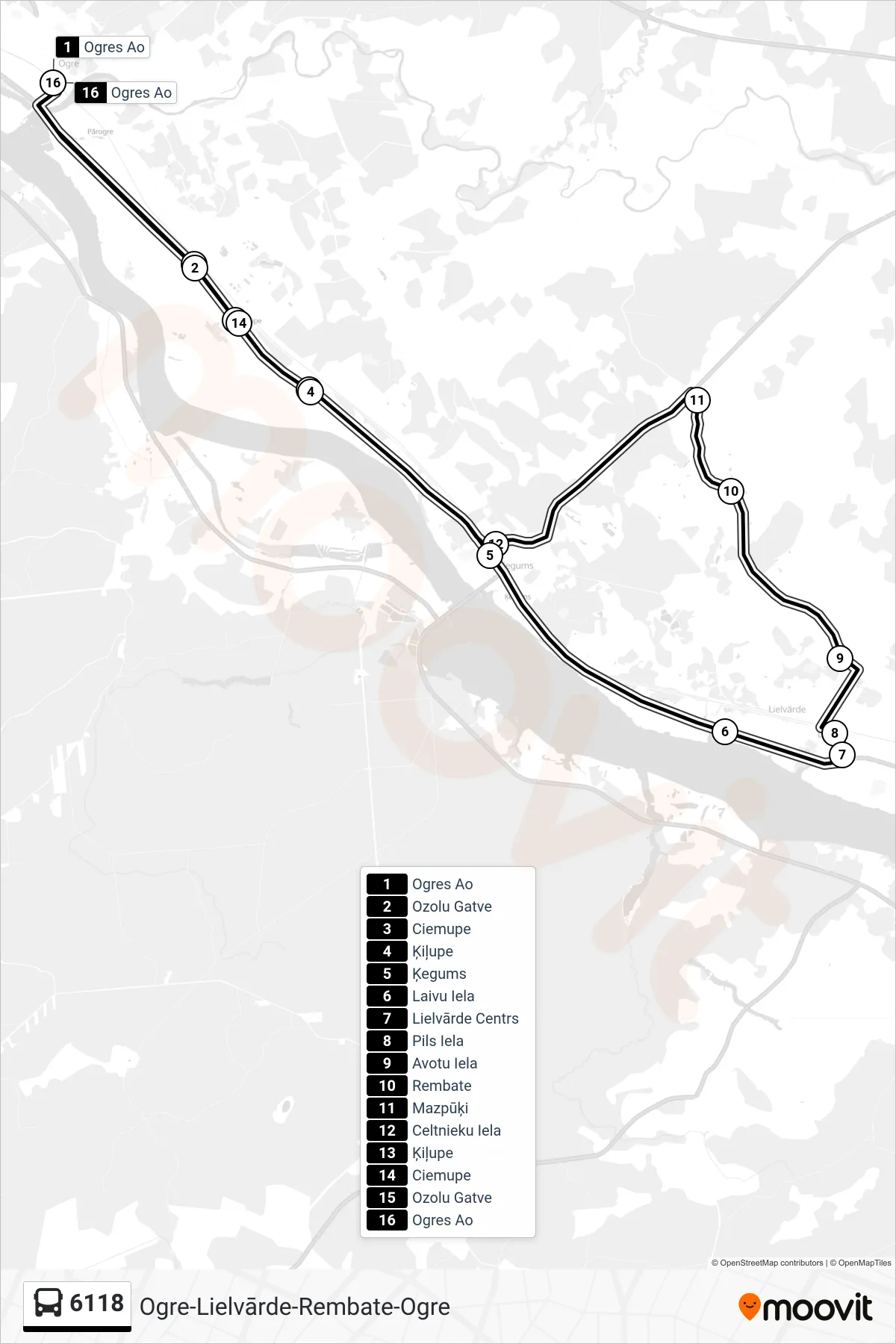 6118 bus Line (Ogres Ao) route and stops on a map