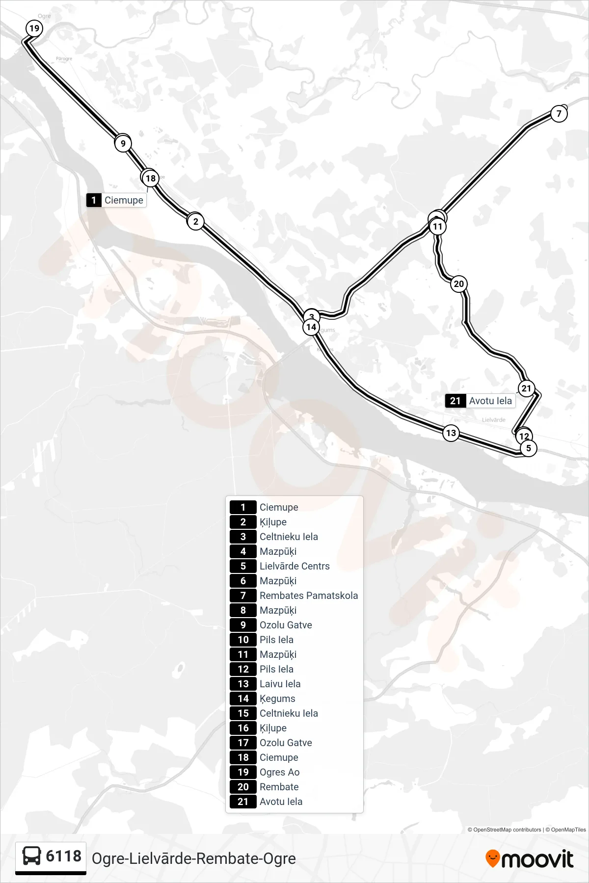 6118 bus Line (Ogres Ao) route and stops on a map