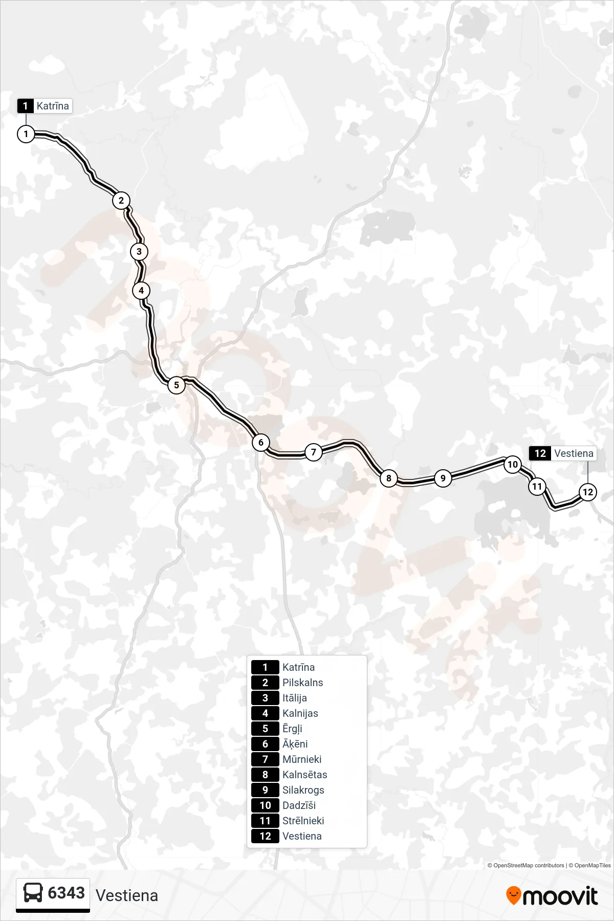 6343 bus Line (Vestiena) route and stops on a map