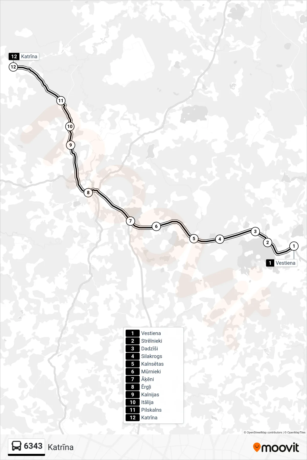 6343 bus Line (Katrīna) route and stops on a map