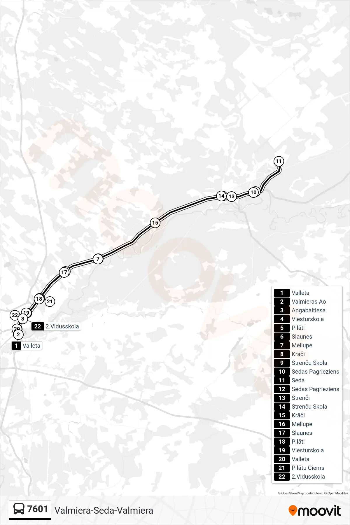 7601 bus Line (Valmieras Ao) route and stops on a map