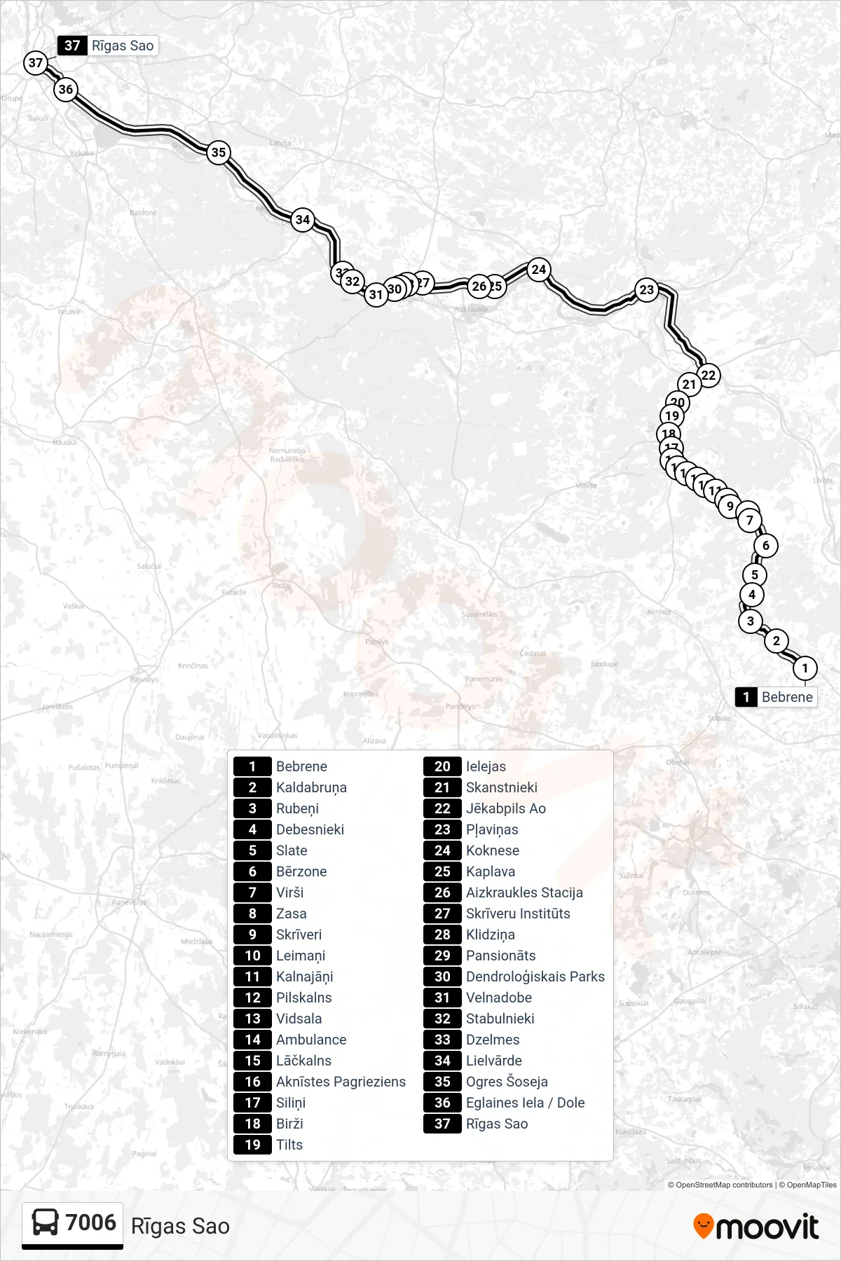 7006 bus Line (Rīgas Sao) route and stops on a map