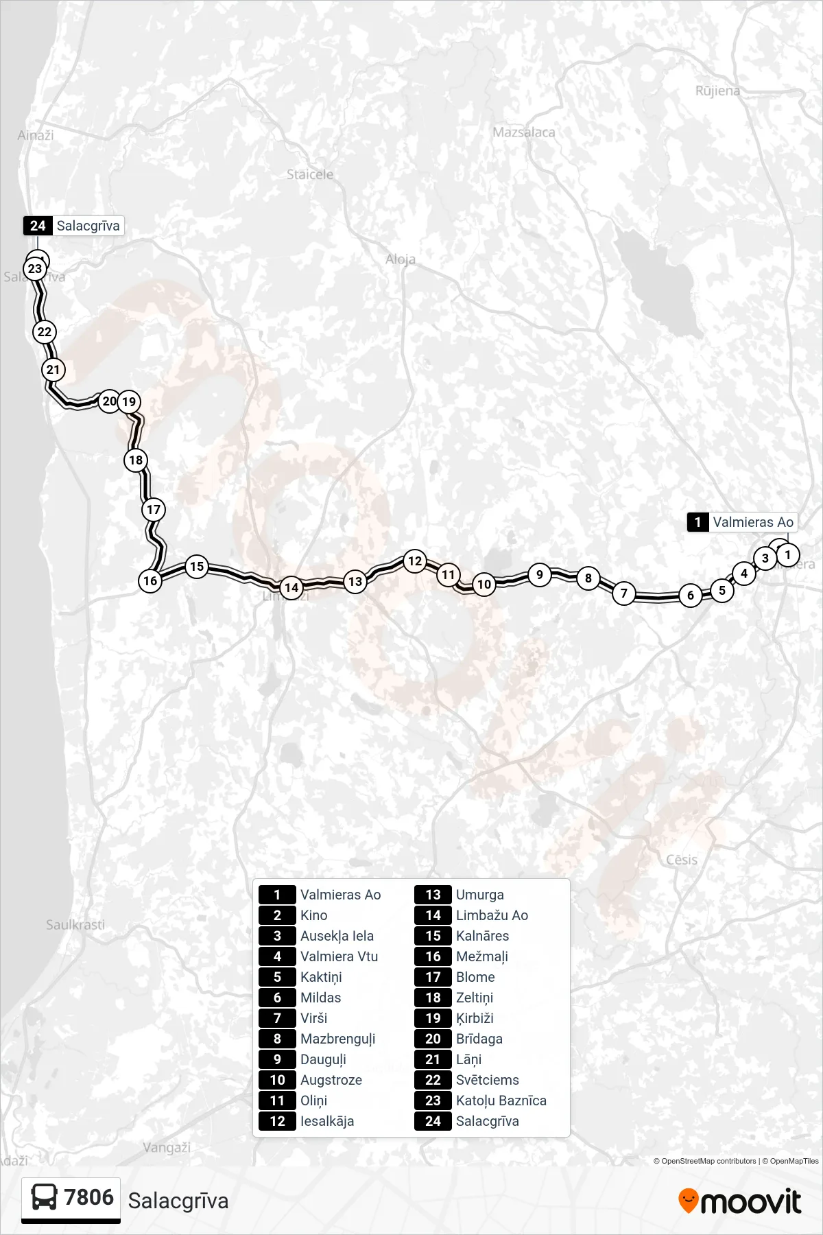 7806 bus Line (Salacgrīva) route and stops on a map