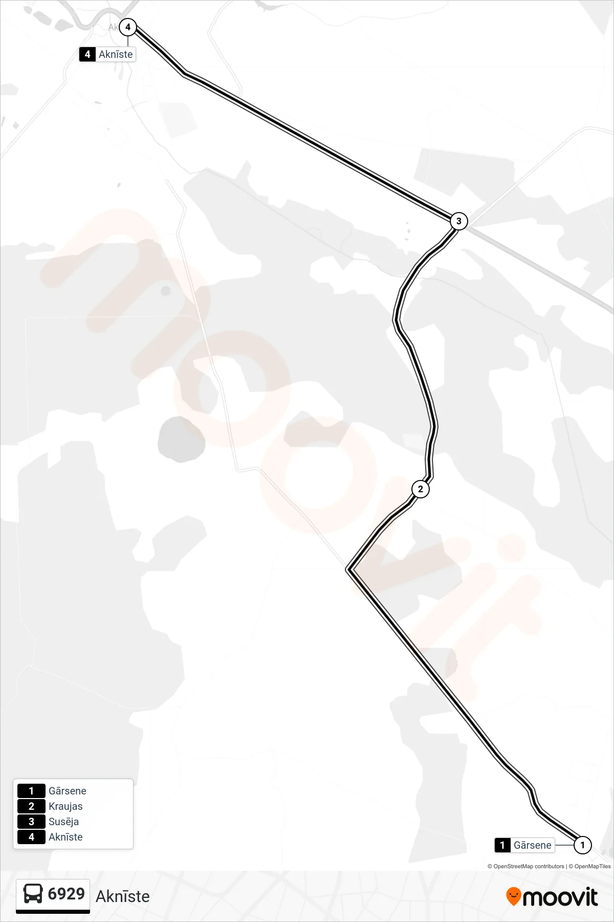 6929 bus Line (Aknīste) route and stops on a map