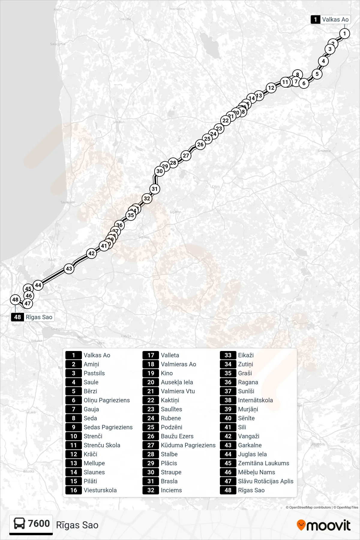 7600 bus Line (Rīgas Sao) route and stops on a map