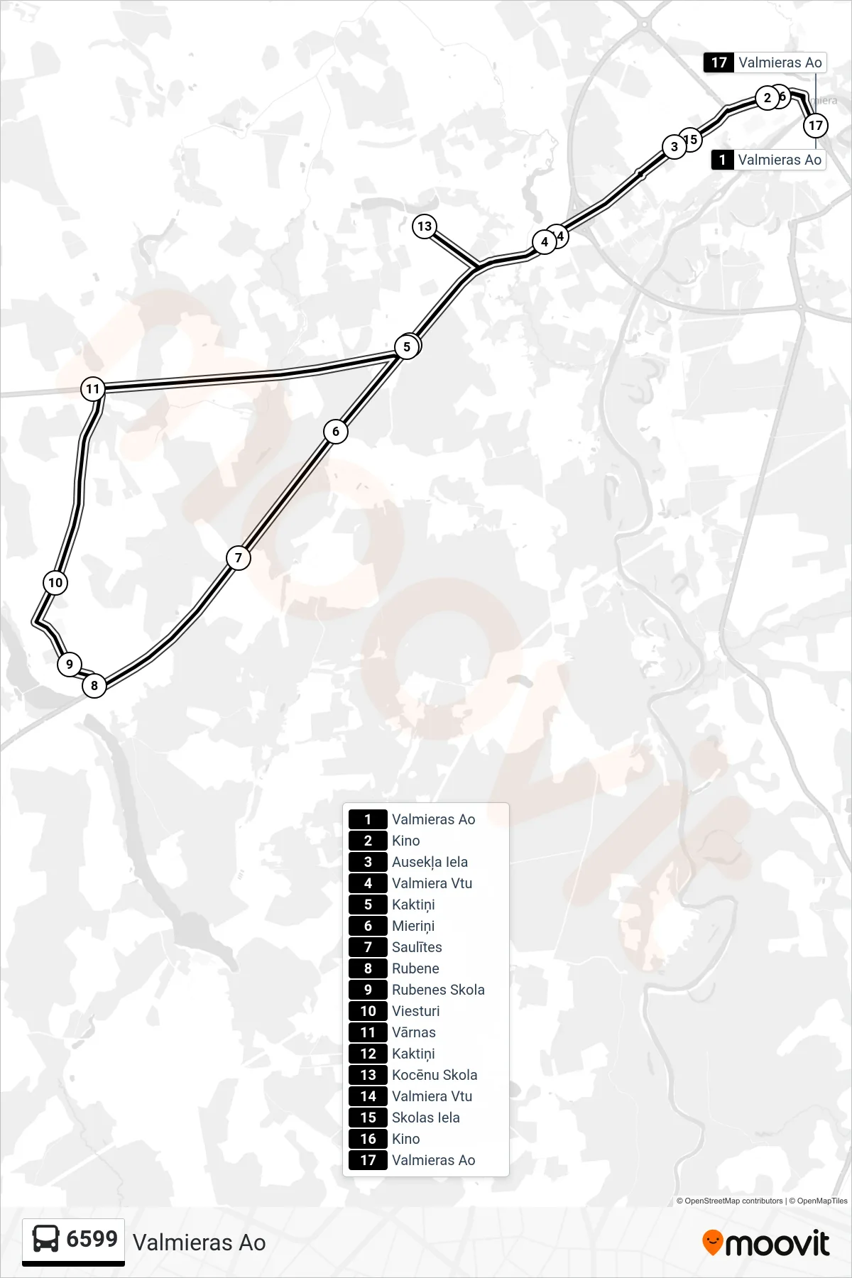 6599 bus Line (Valmieras Ao) route and stops on a map