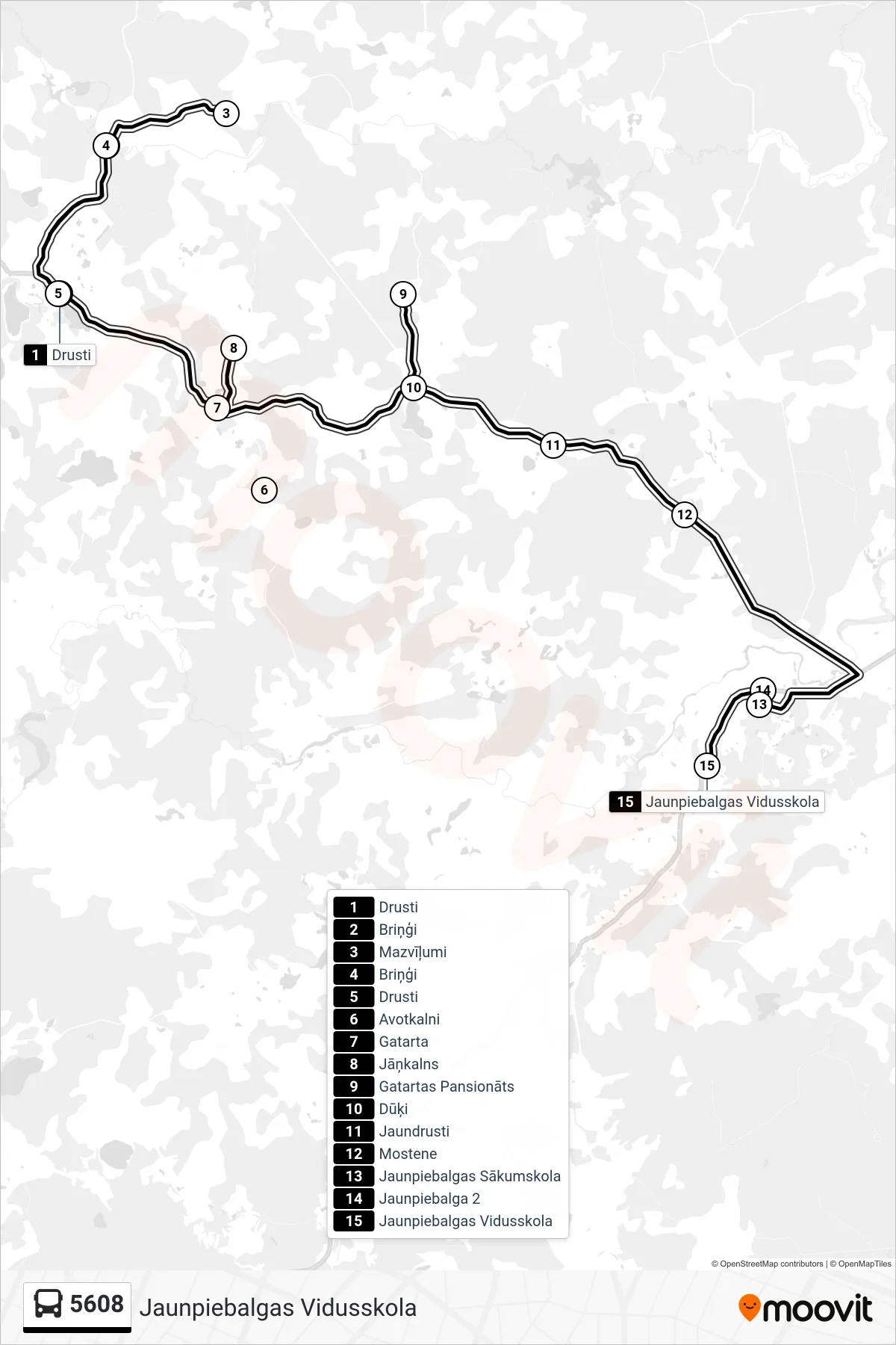 5608 bus Line (Jaunpiebalgas Vidusskola) route and stops on a map
