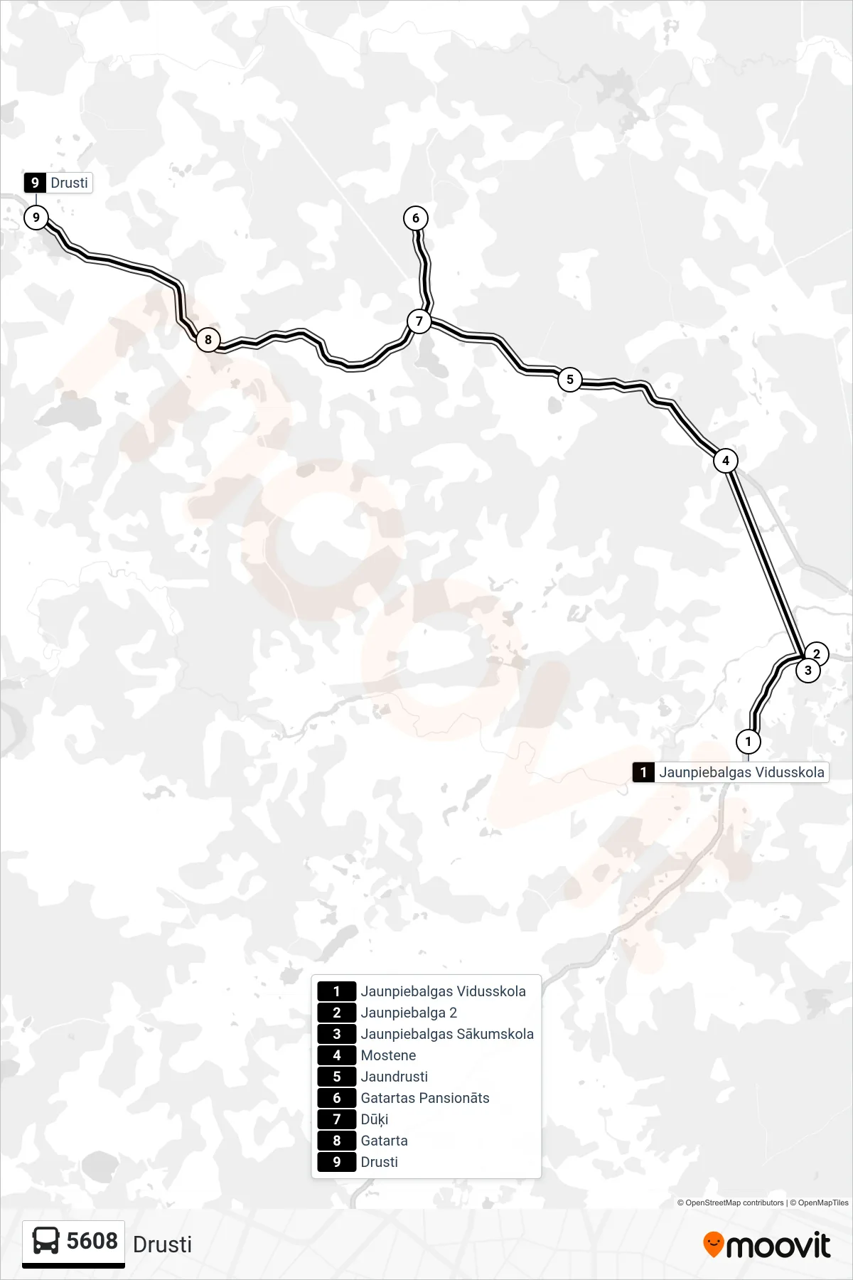 5608 bus Line (Drusti) route and stops on a map