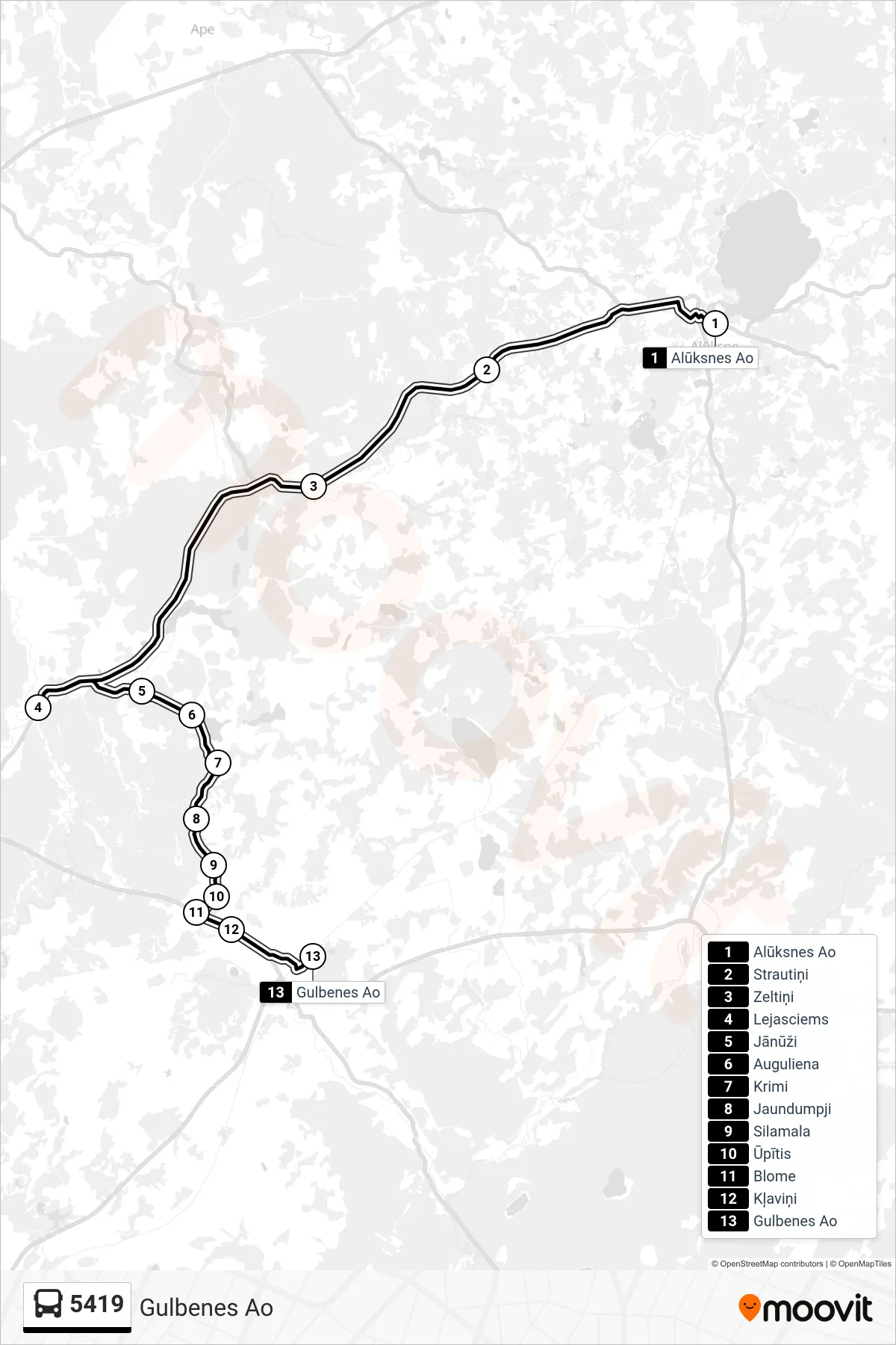 5419 bus Line (Gulbenes Ao) route and stops on a map