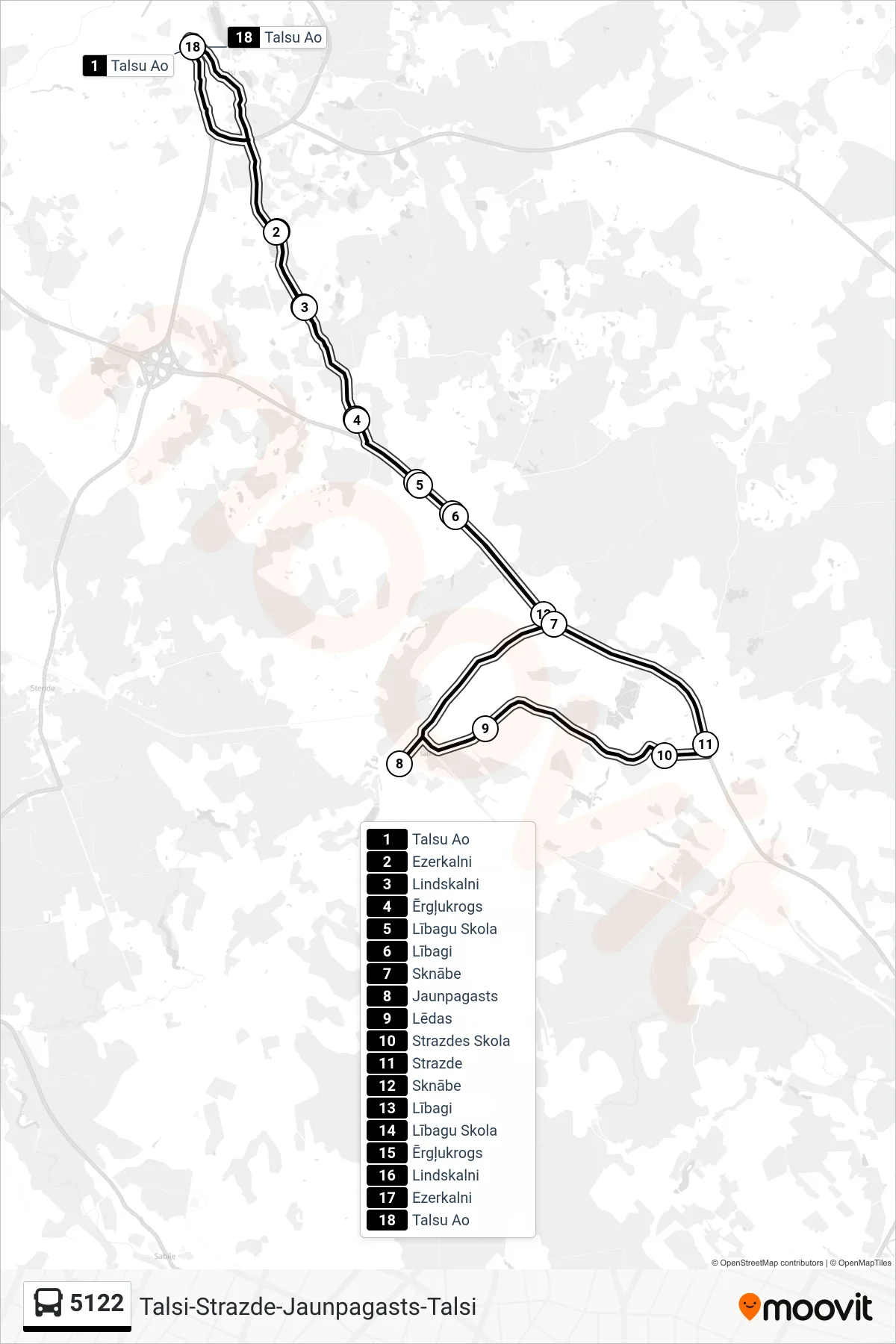 5122 bus Line (Talsu Ao) route and stops on a map