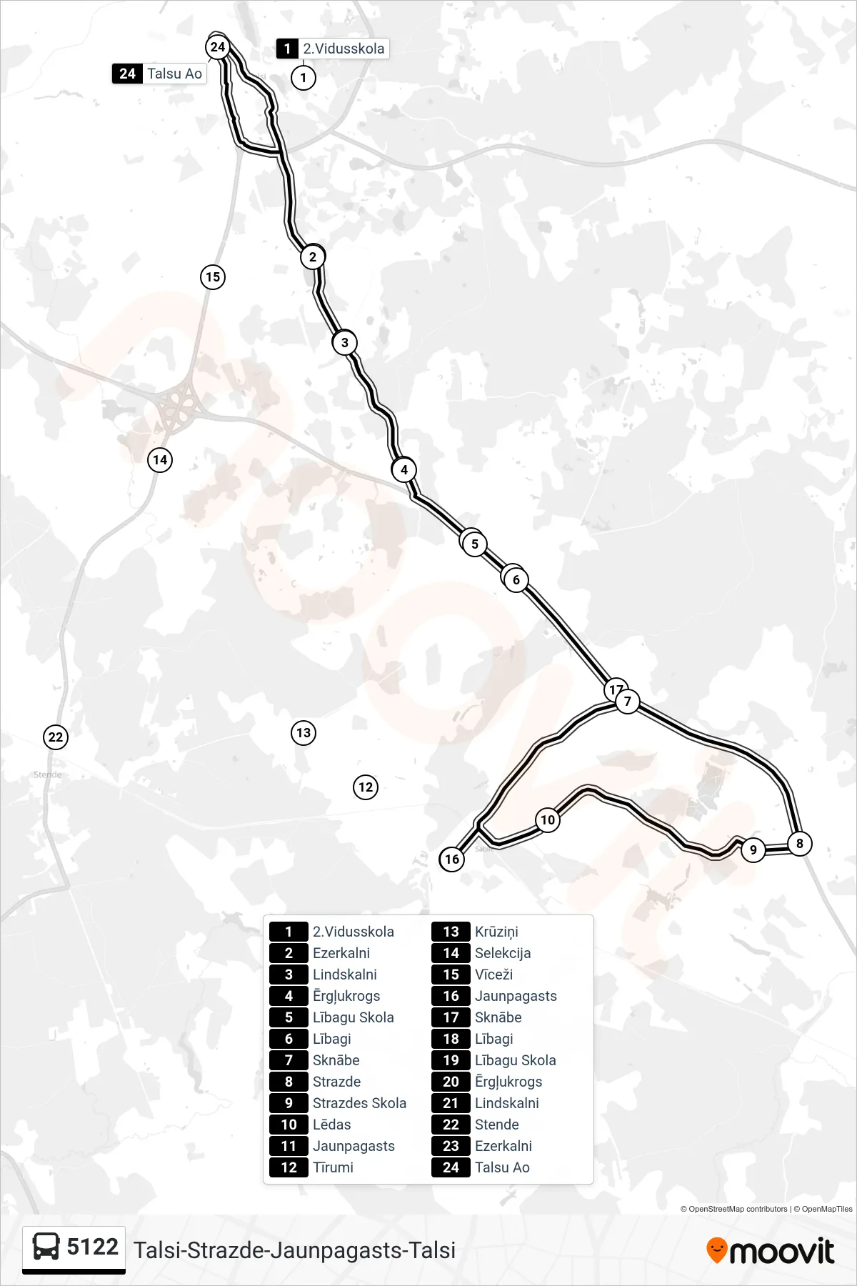 5122 bus Line (Talsu Ao) route and stops on a map