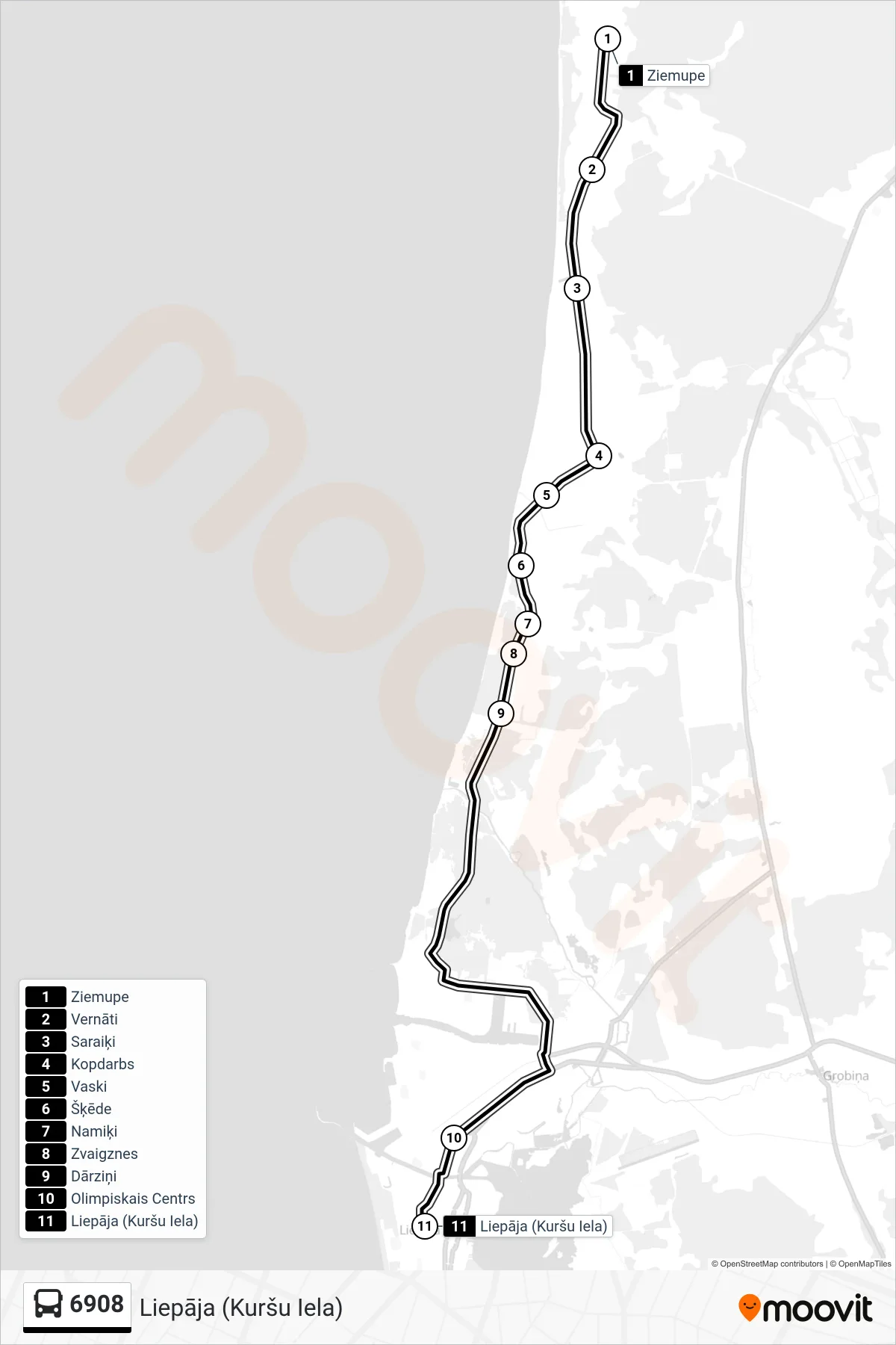 6908 bus Line (Liepāja (Kuršu Iela)) route and stops on a map