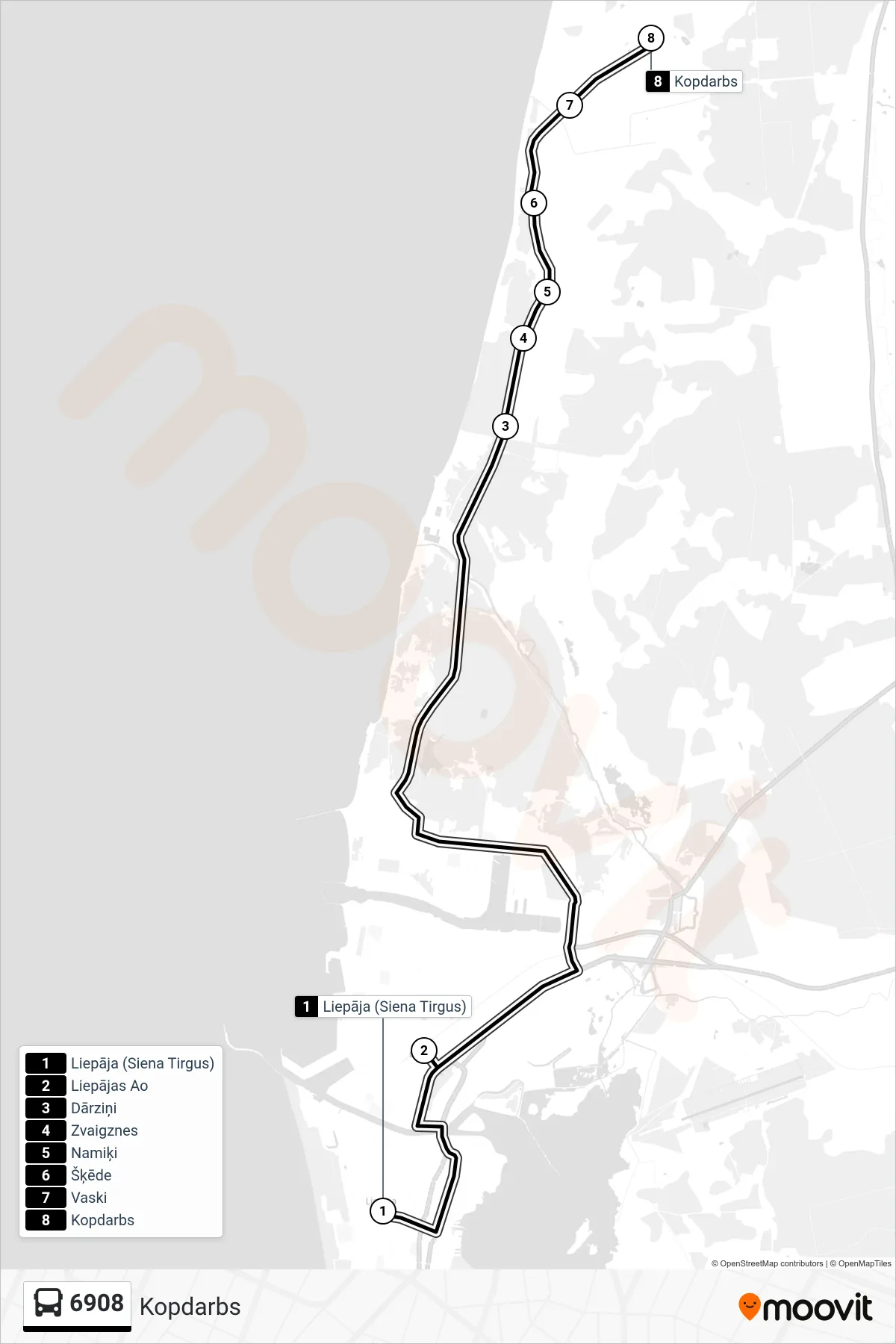 6908 bus Line (Kopdarbs) route and stops on a map
