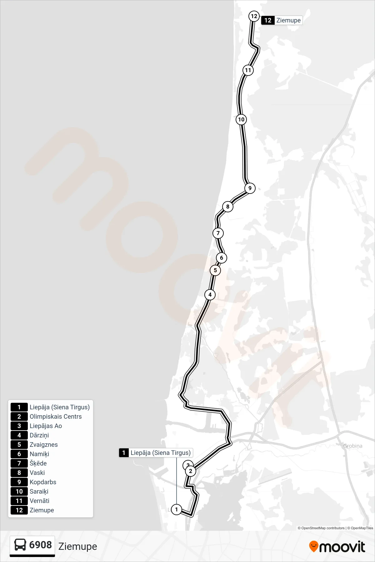 6908 bus Line (Ziemupe) route and stops on a map
