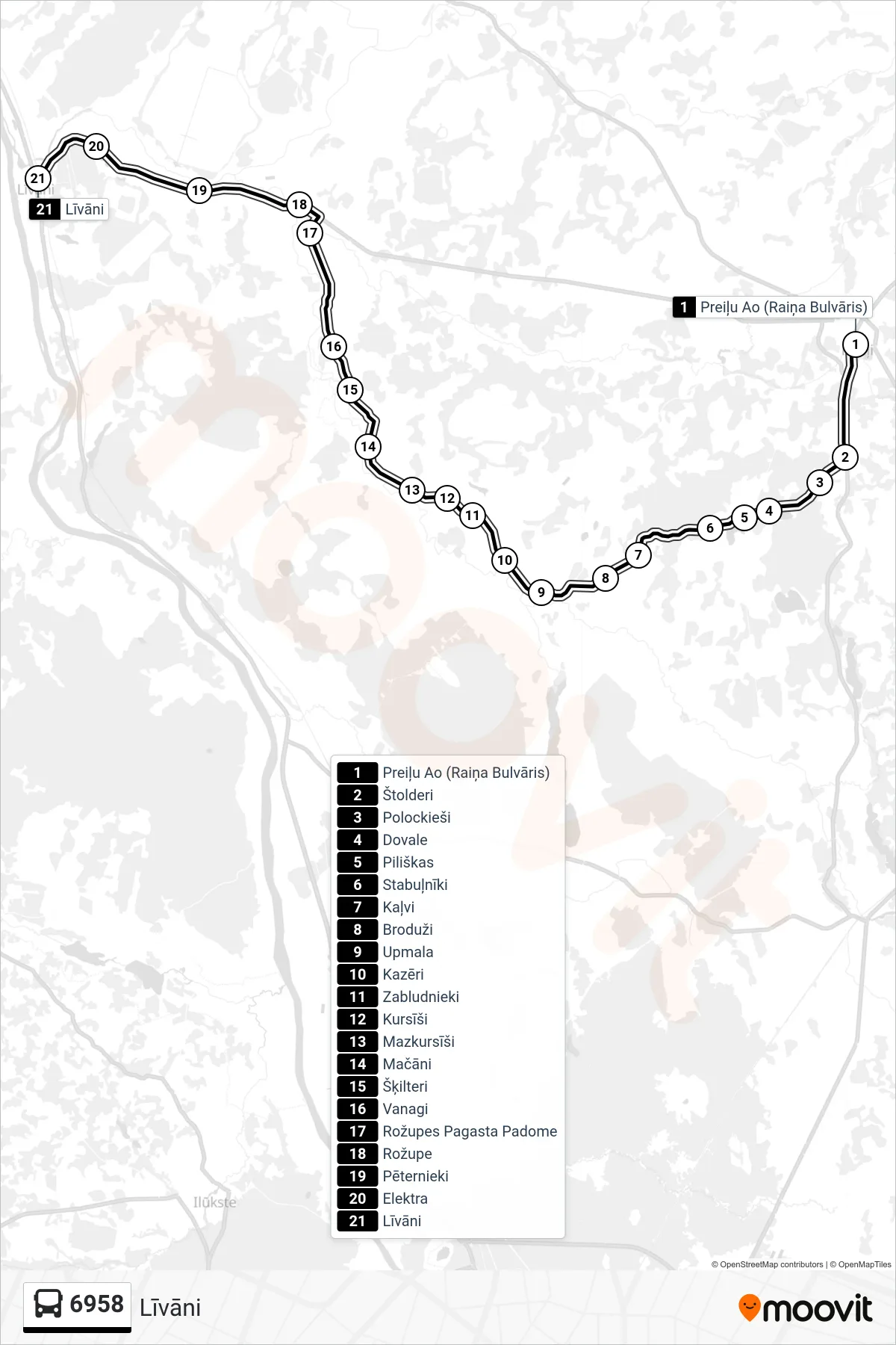 6958 bus Line (Līvāni) route and stops on a map