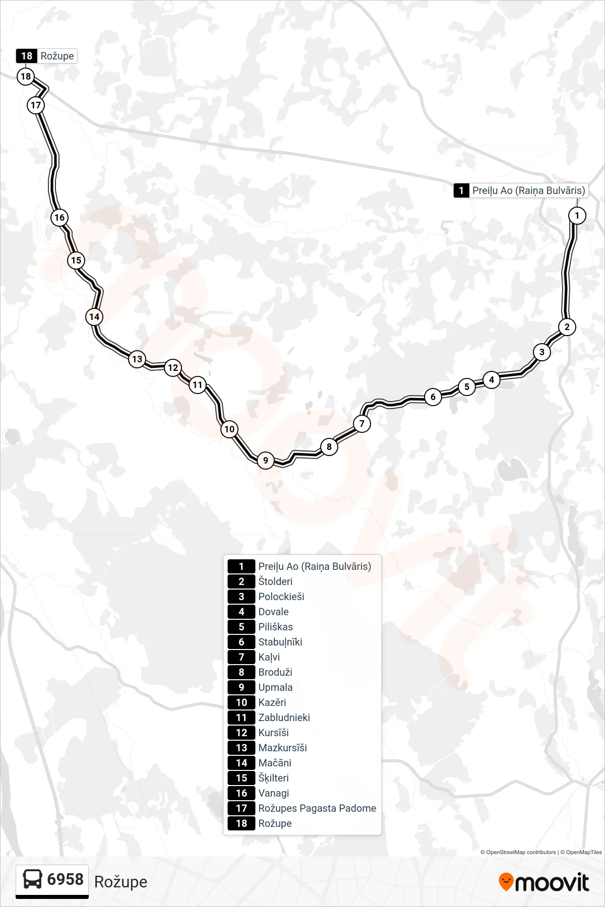 6958 bus Line (Rožupe) route and stops on a map