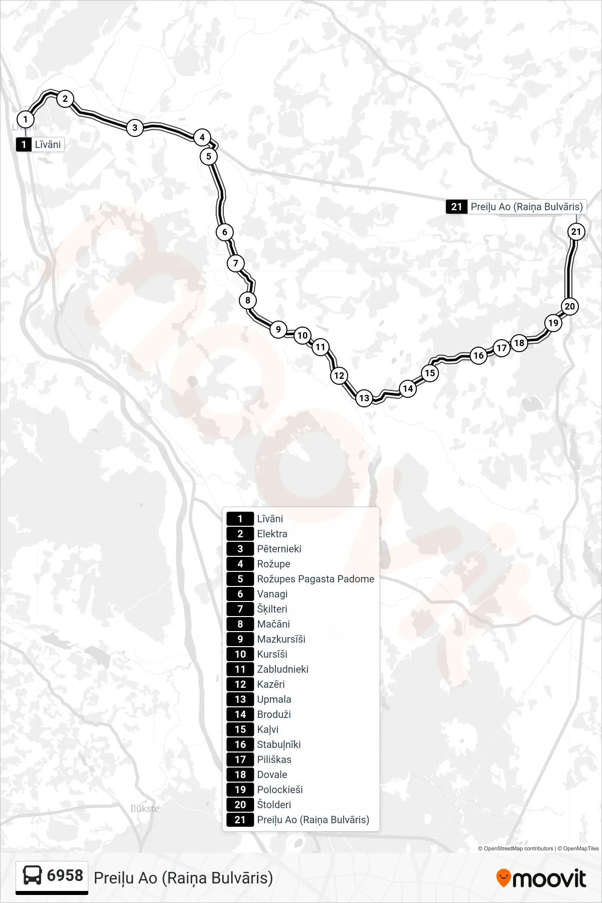 6958 bus Line (Preiļu Ao (Raiņa Bulvāris)) route and stops on a map
