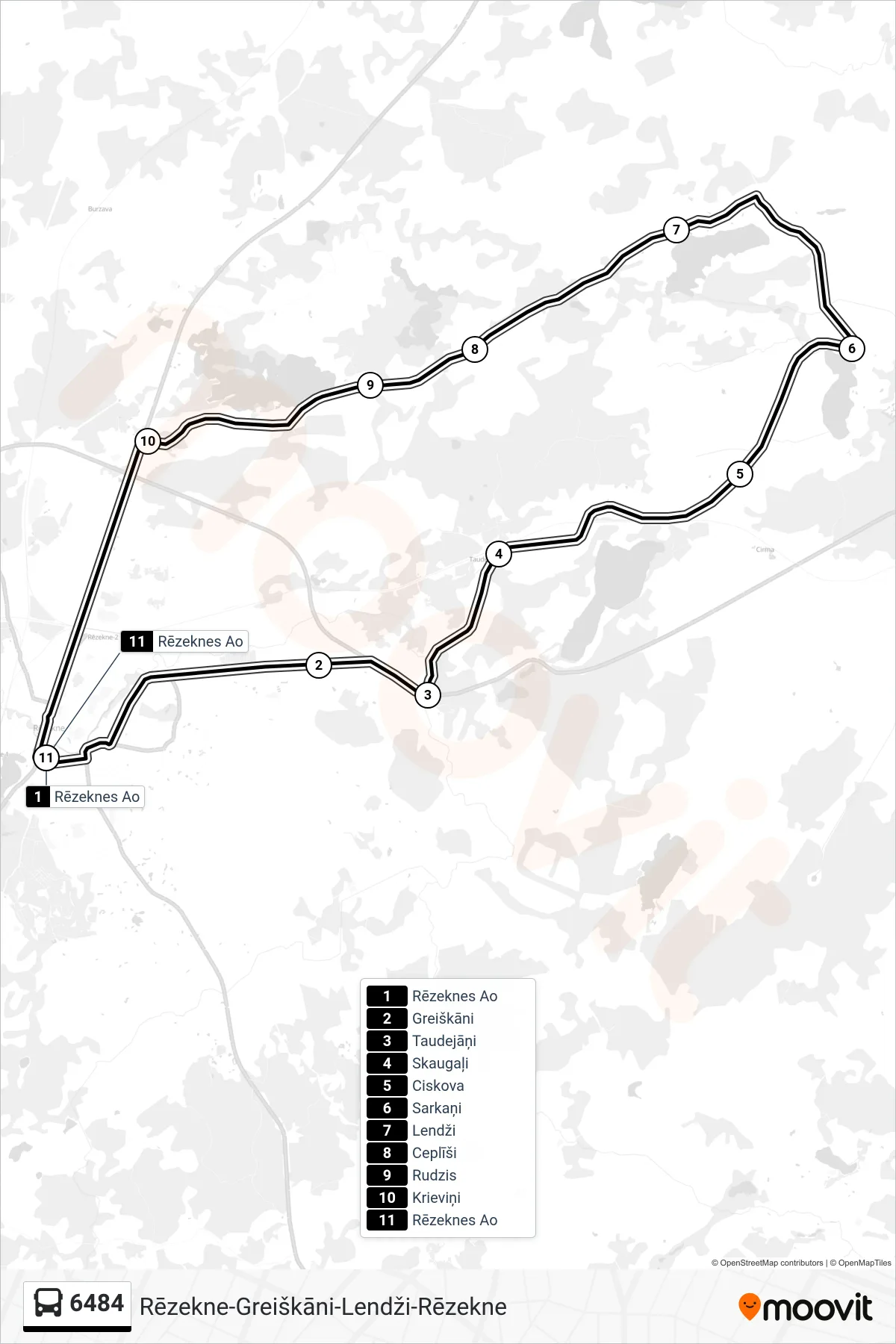 6484 bus Line (Rēzeknes Ao) route and stops on a map