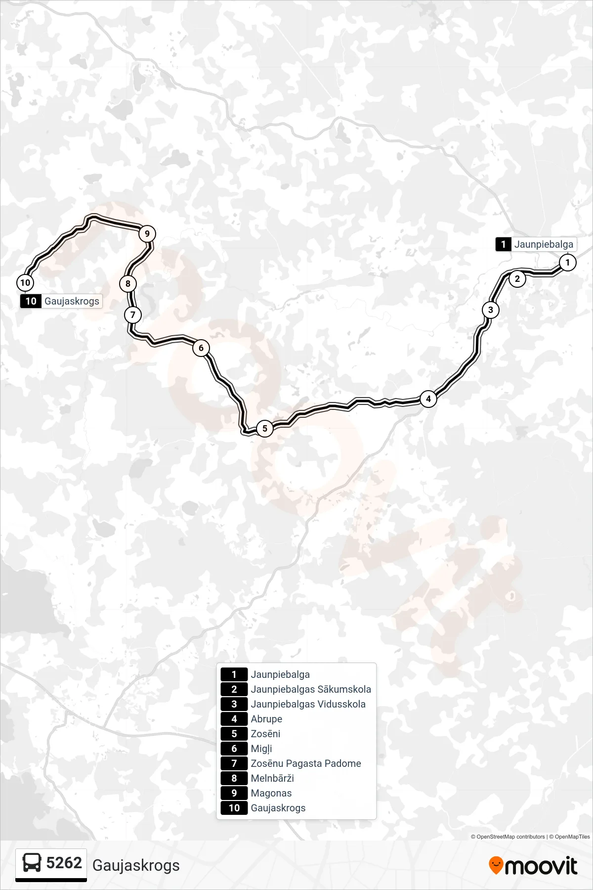 5262 bus Line (Gaujaskrogs) route and stops on a map