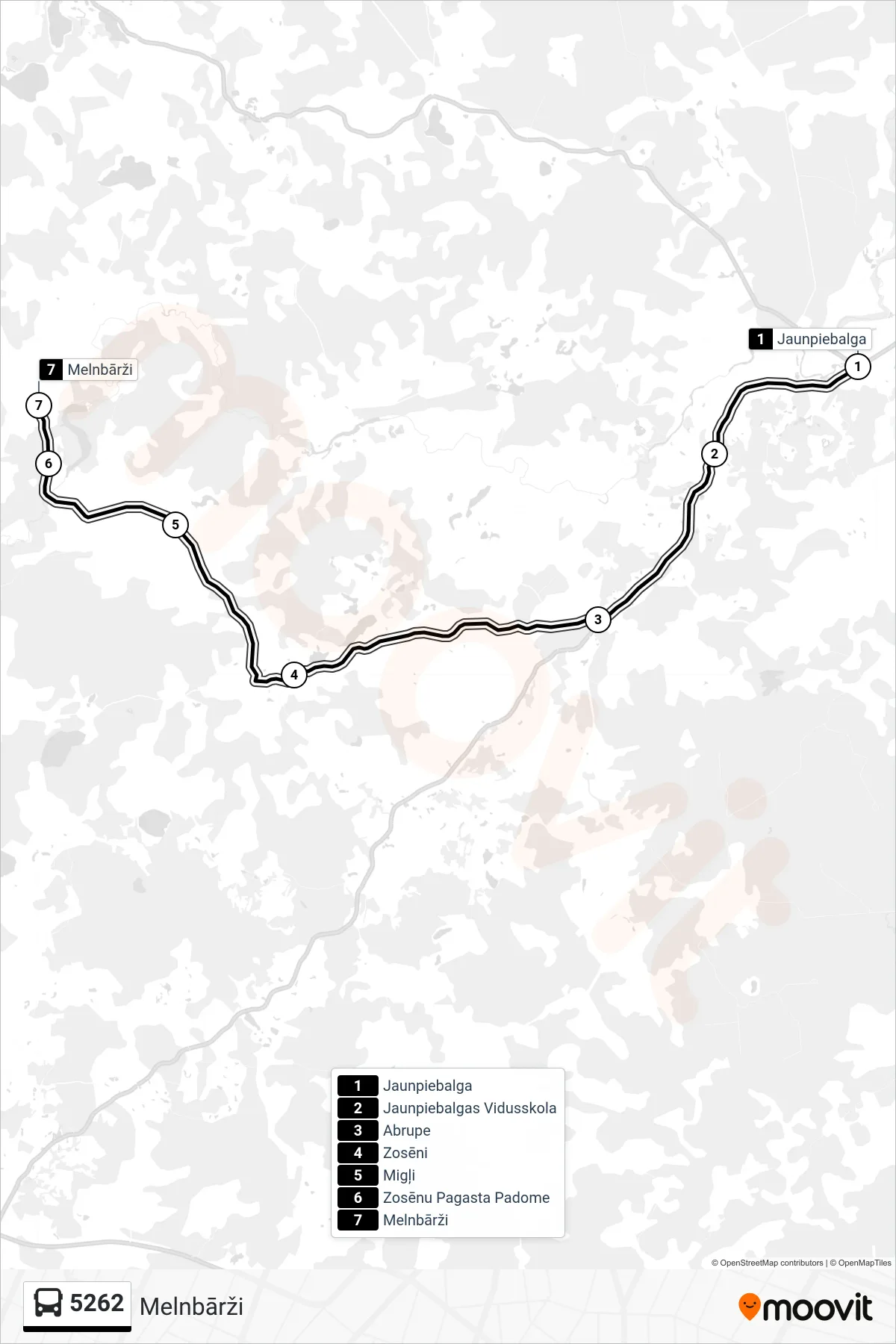 5262 bus Line (Melnbārži) route and stops on a map