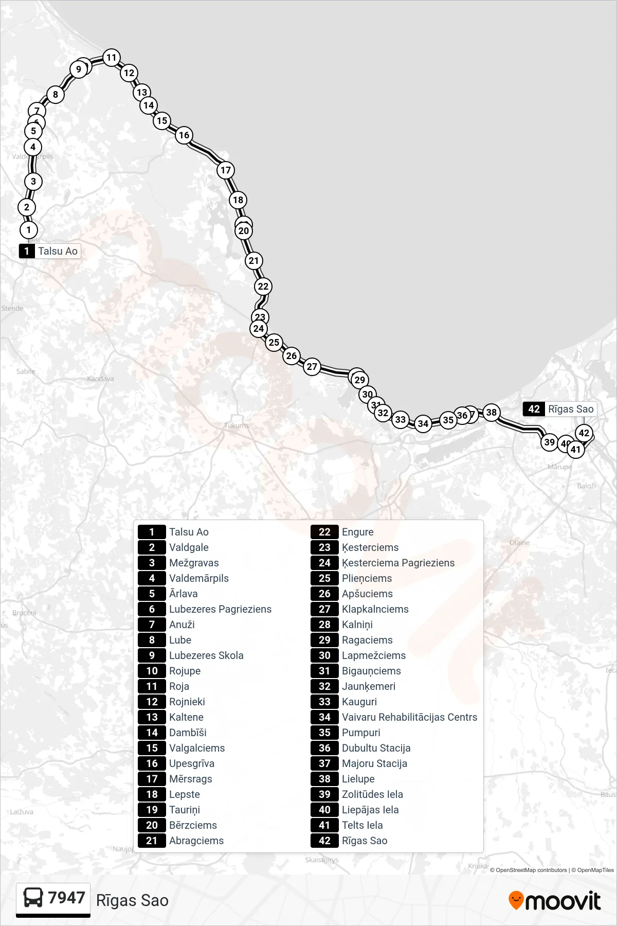7947 bus Line (Rīgas Sao) route and stops on a map