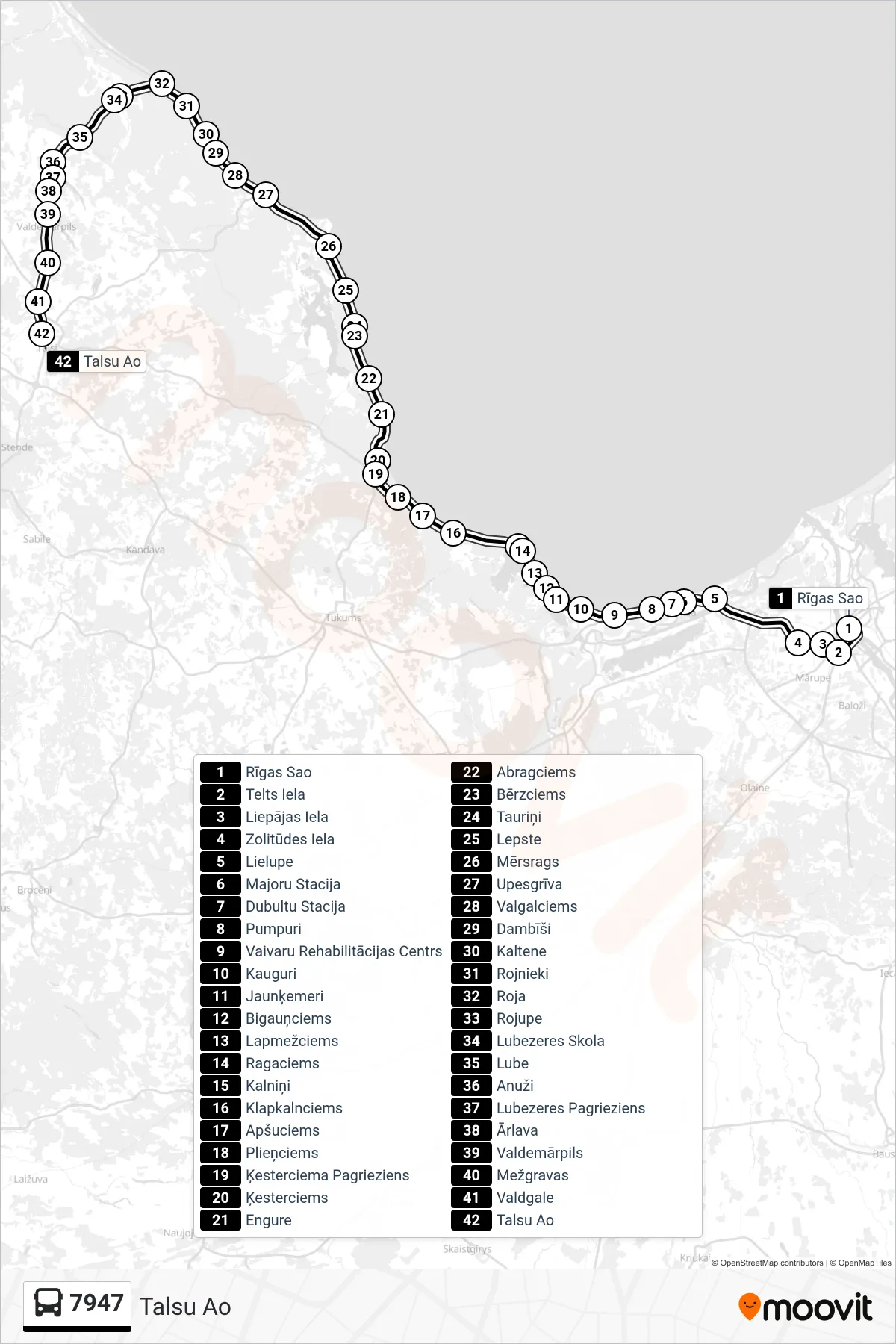 7947 bus Line (Talsu Ao) route and stops on a map