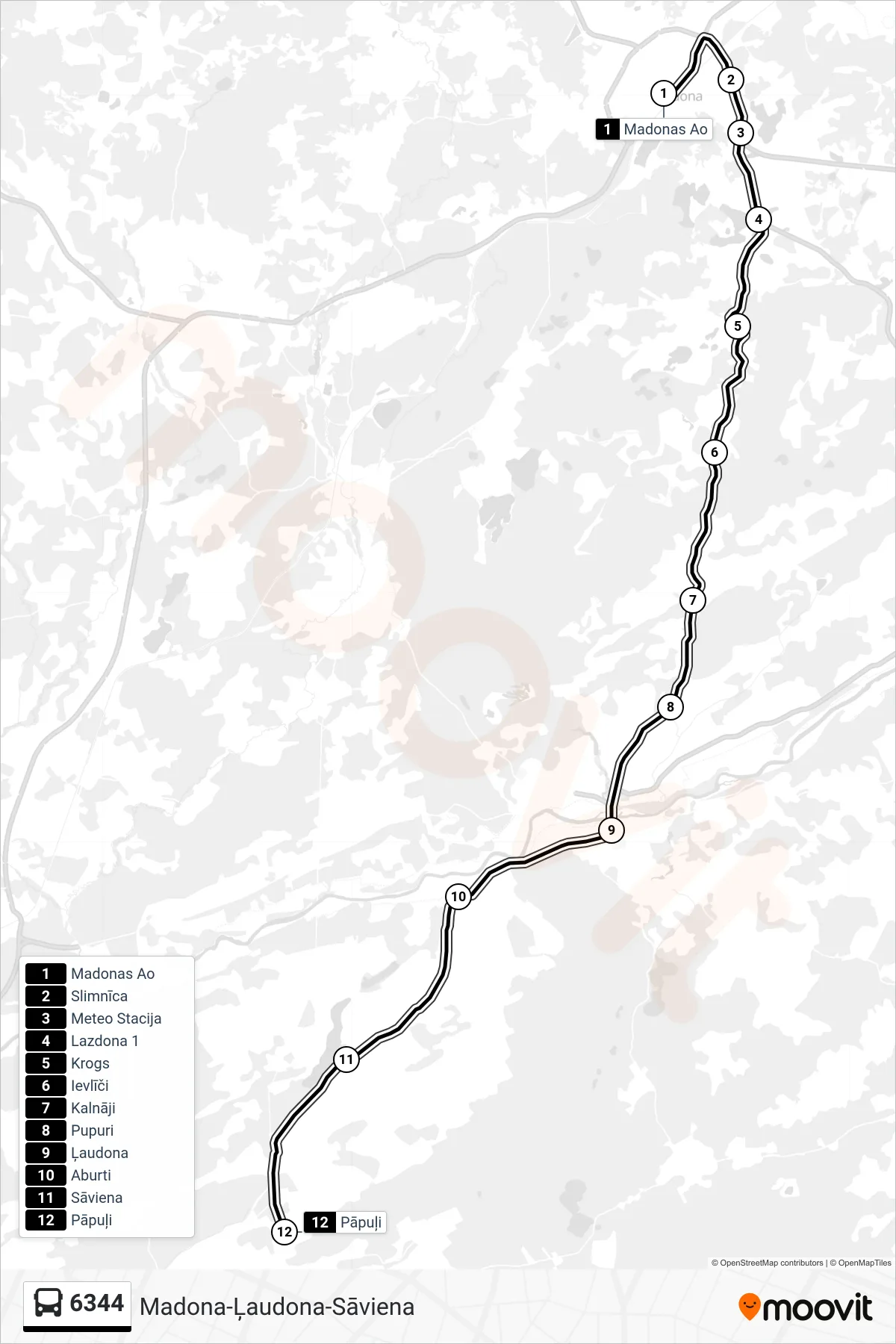 6344 bus Line (Pāpuļi) route and stops on a map