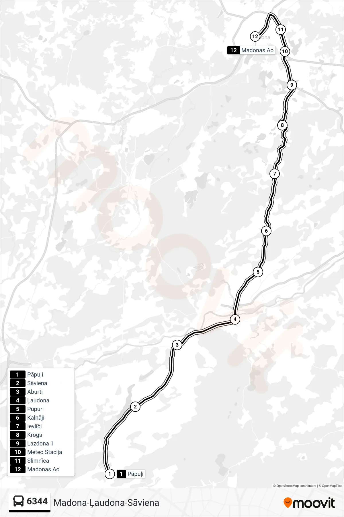 6344 bus Line (Madonas Ao) route and stops on a map