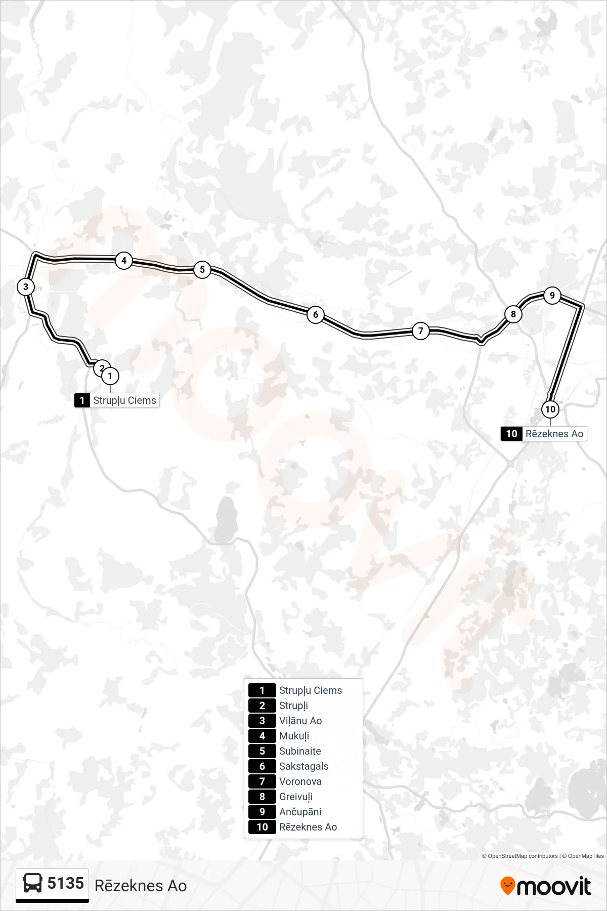 5135 bus Line (Rēzeknes Ao) route and stops on a map