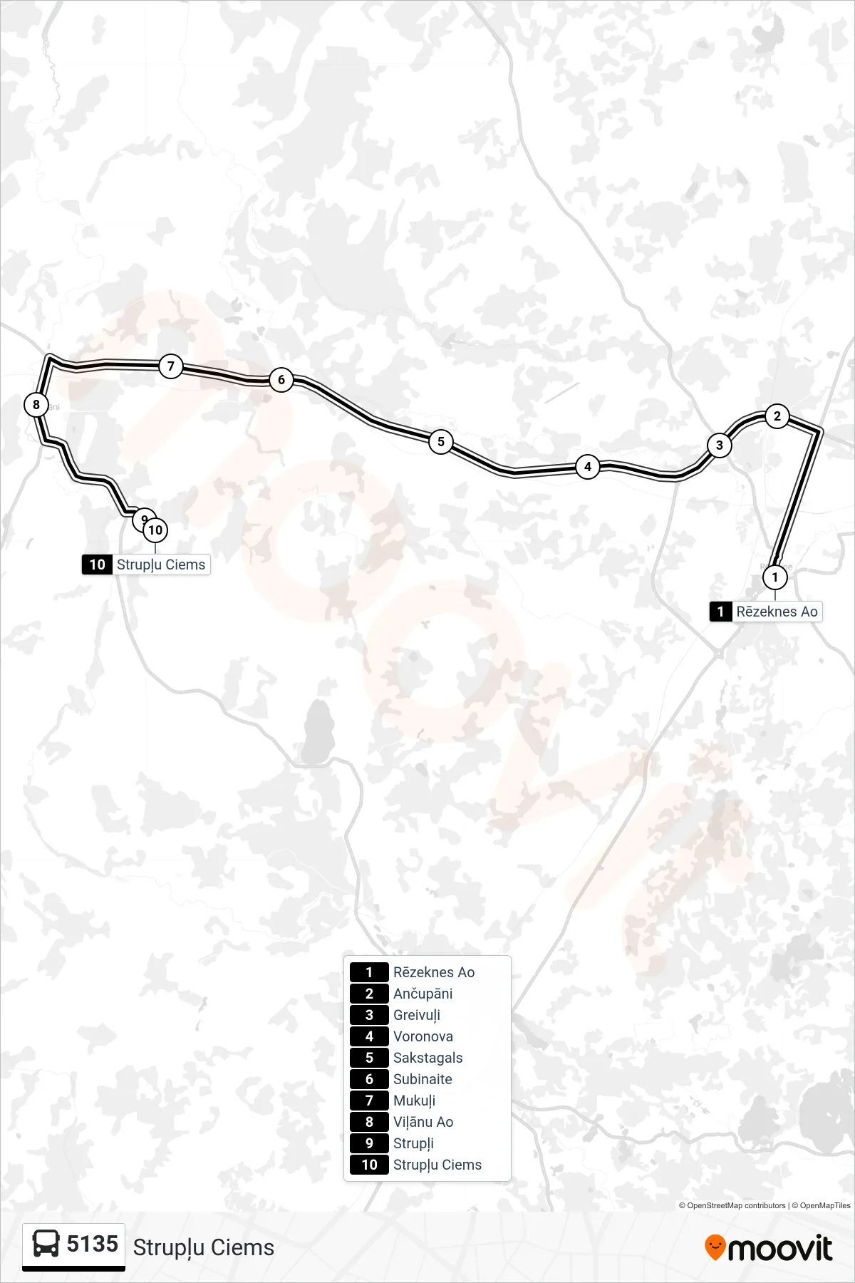 5135 bus Line (Strupļu Ciems) route and stops on a map