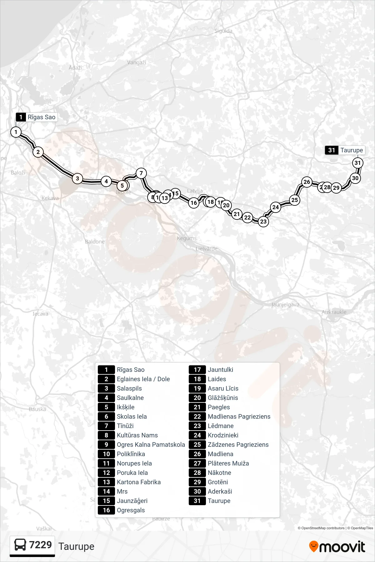 7229 bus Line (Taurupe) route and stops on a map