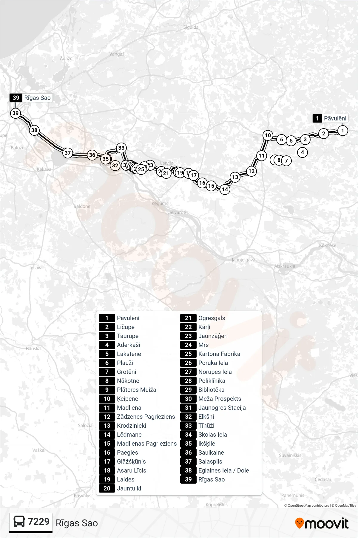 7229 bus Line (Rīgas Sao) route and stops on a map