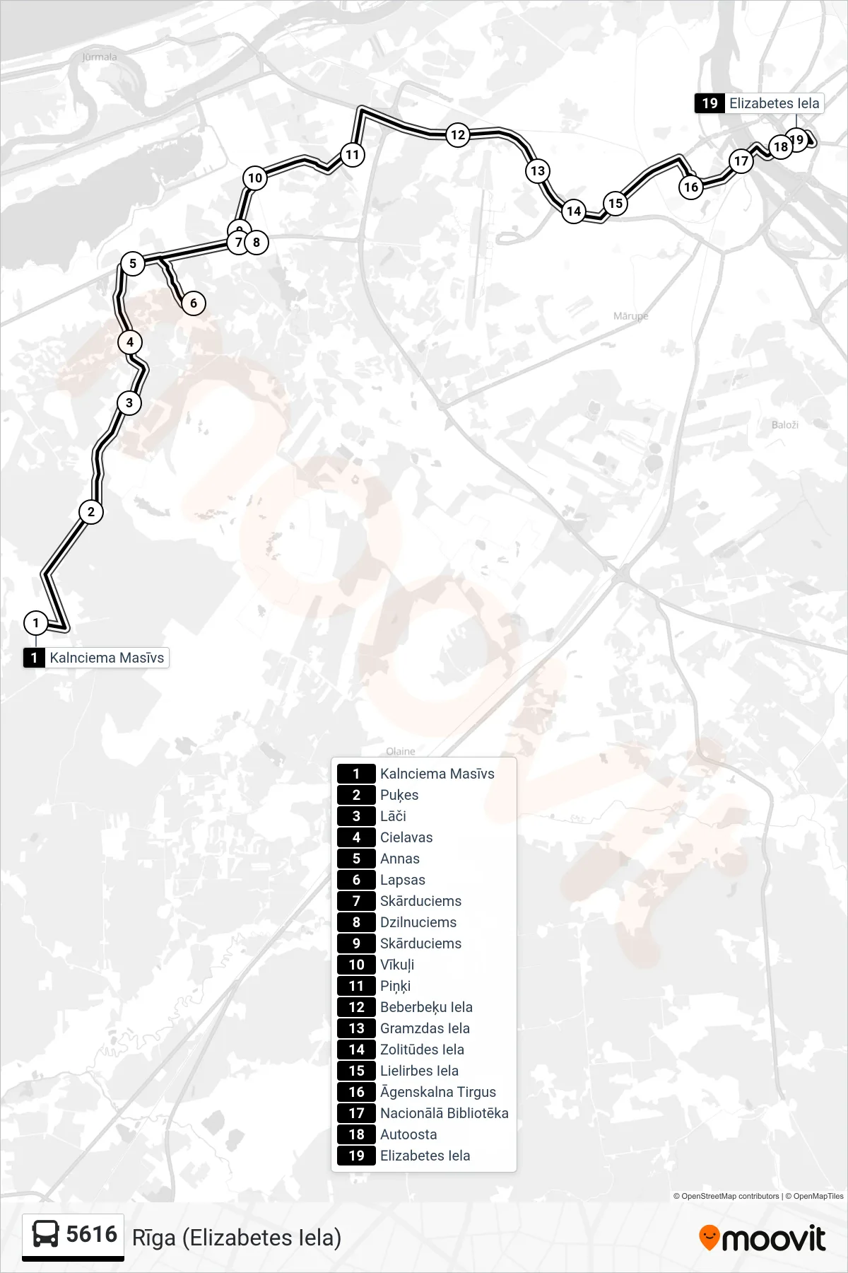 5616 bus Line (Rīga (Elizabetes Iela)) route and stops on a map