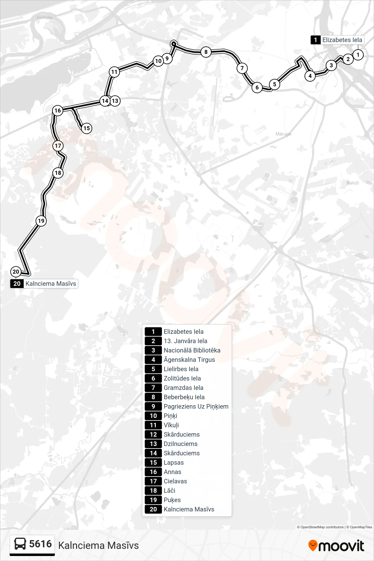 5616 bus Line (Kalnciema Masīvs) route and stops on a map