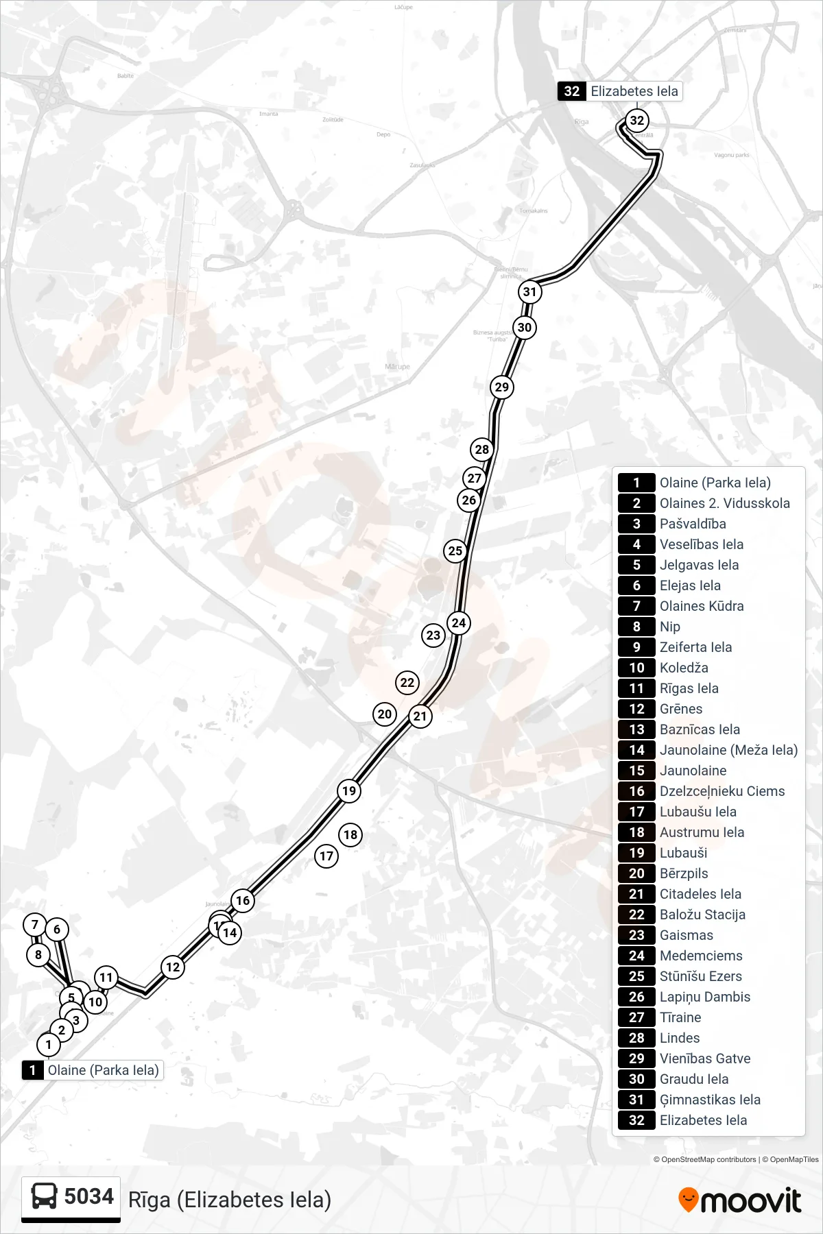 5034 bus Line (Rīga (Elizabetes Iela)) route and stops on a map