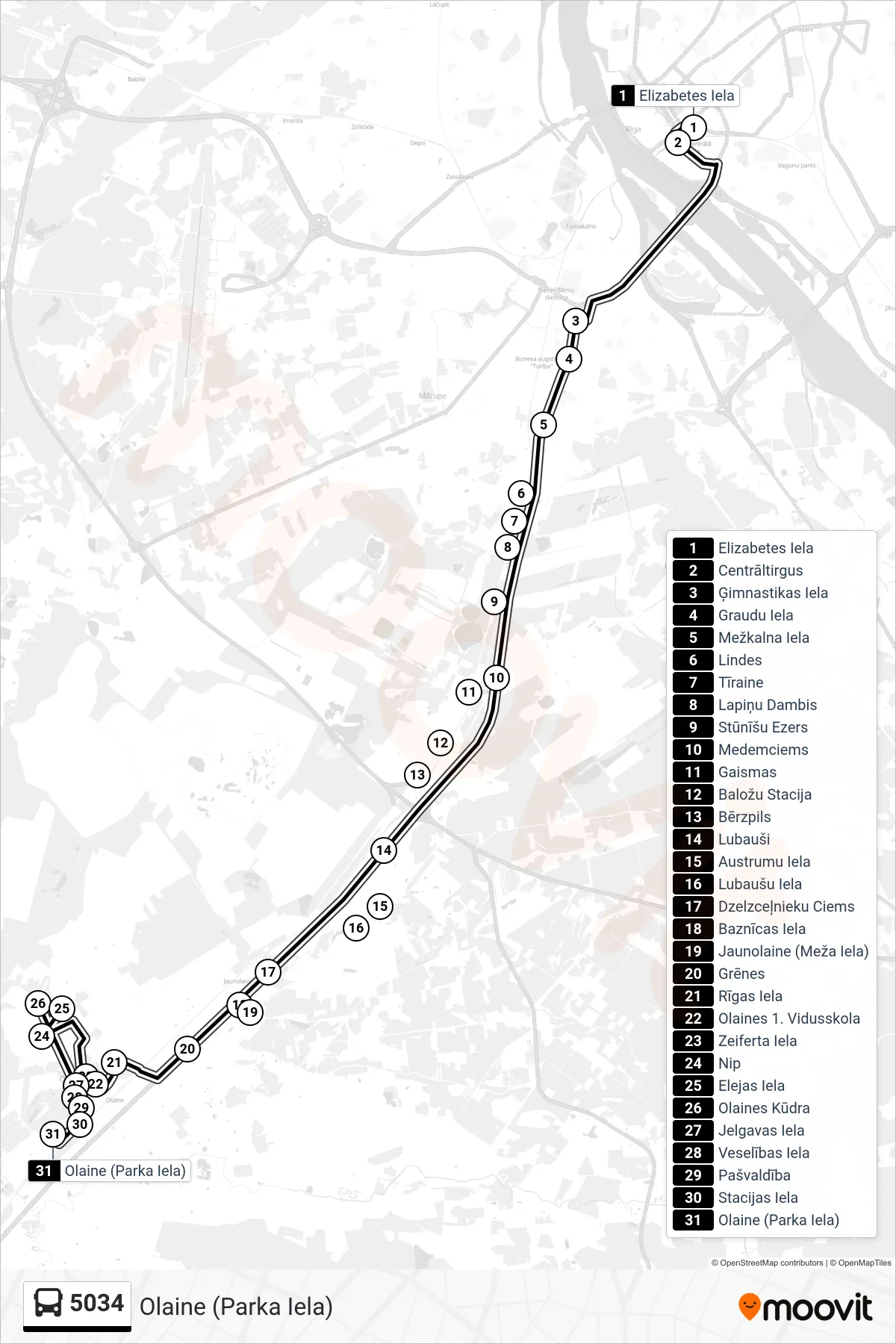 5034 bus Line (Olaine (Parka Iela)) route and stops on a map