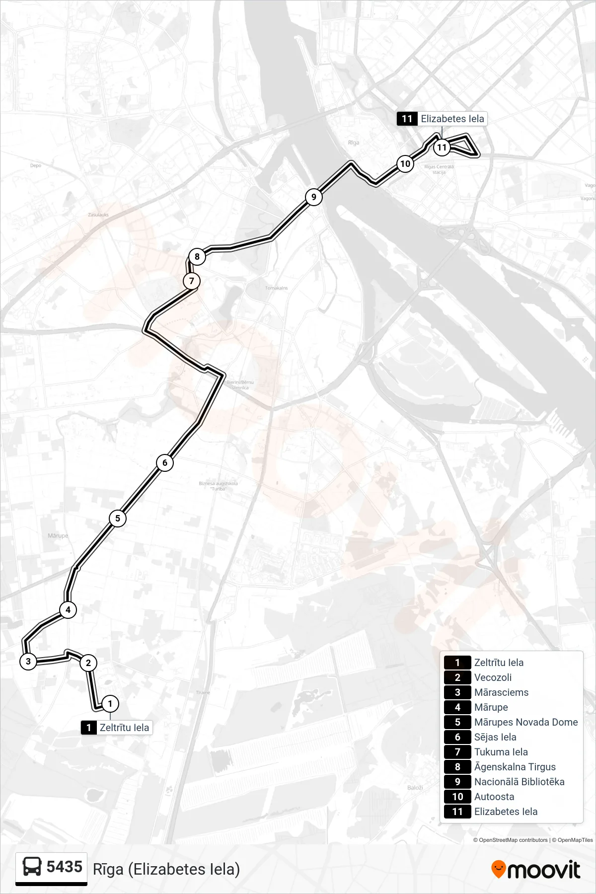 5435 bus Line (Rīga (Elizabetes Iela)) route and stops on a map