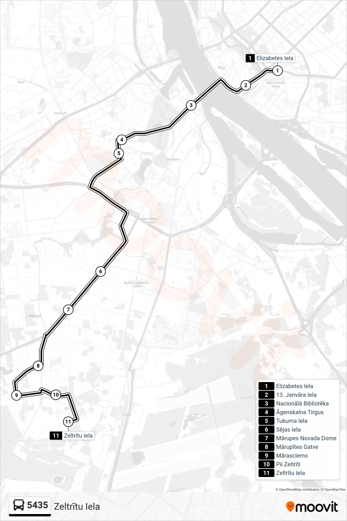 5435 bus Line (Zeltrītu Iela) route and stops on a map