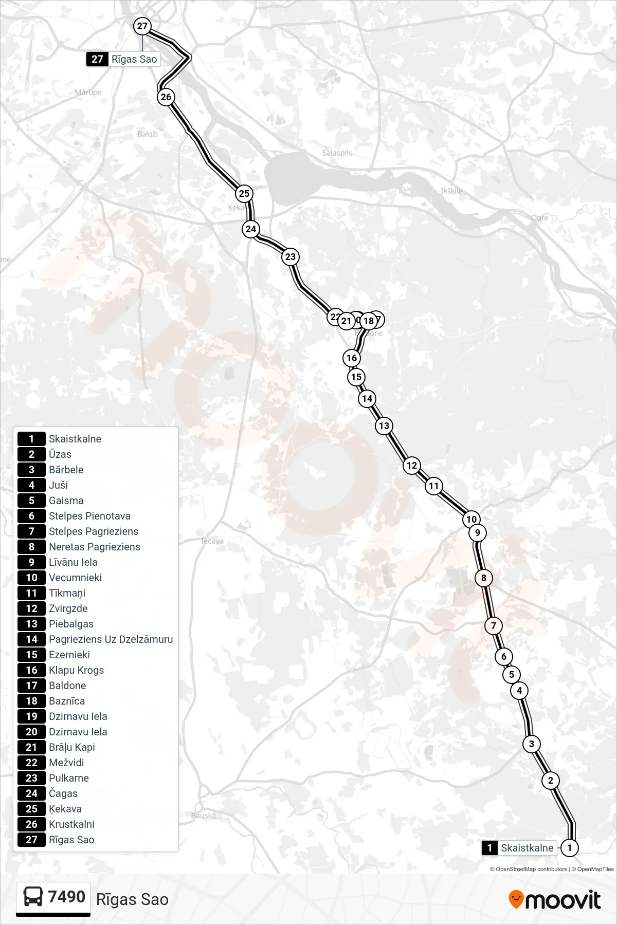 7490 bus Line (Rīgas Sao) route and stops on a map