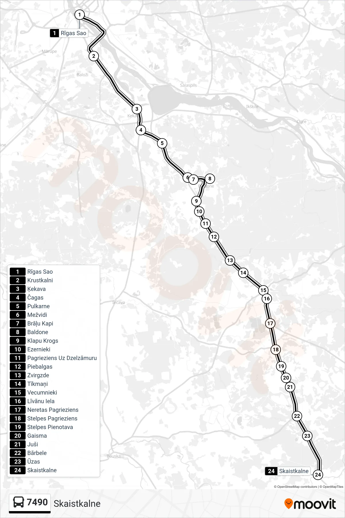 7490 bus Line (Skaistkalne) route and stops on a map