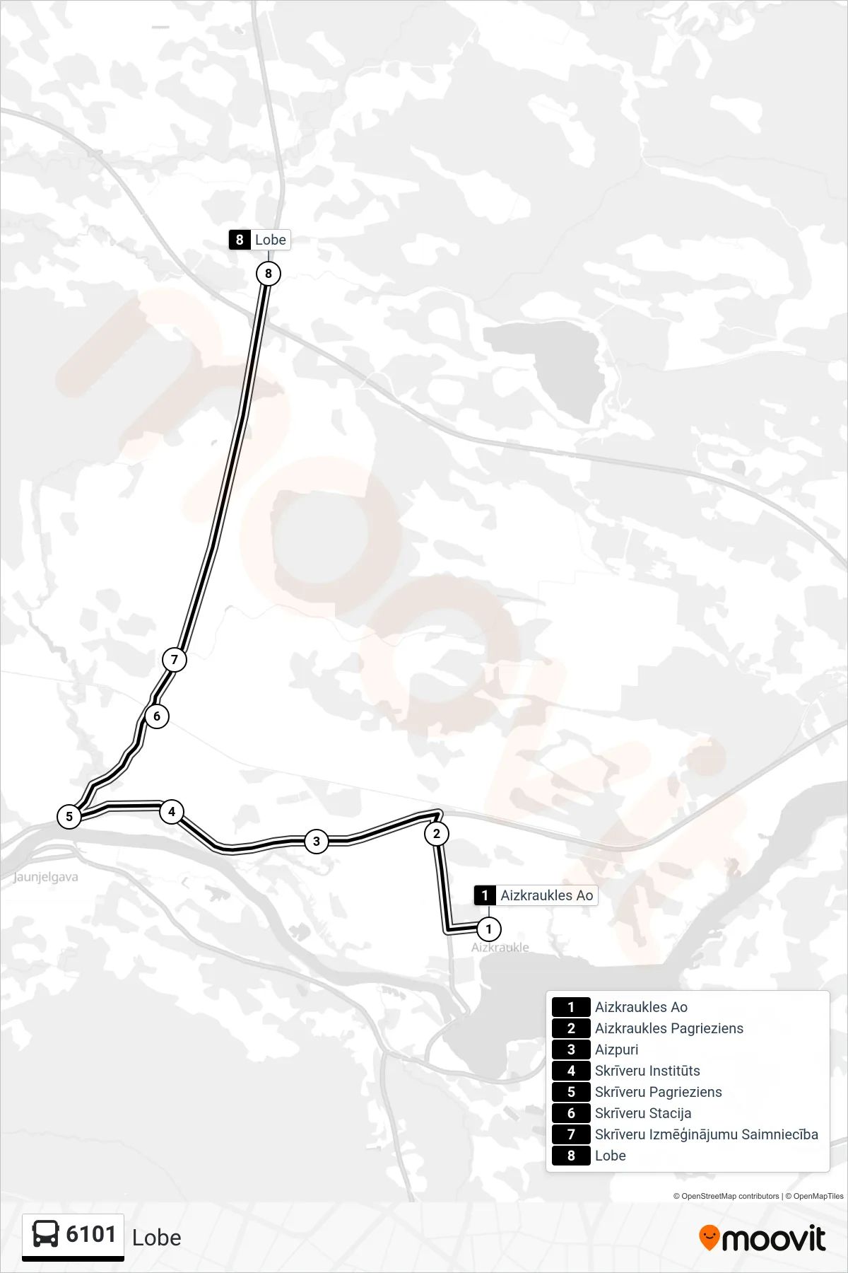 6101 bus Line (Lobe) route and stops on a map