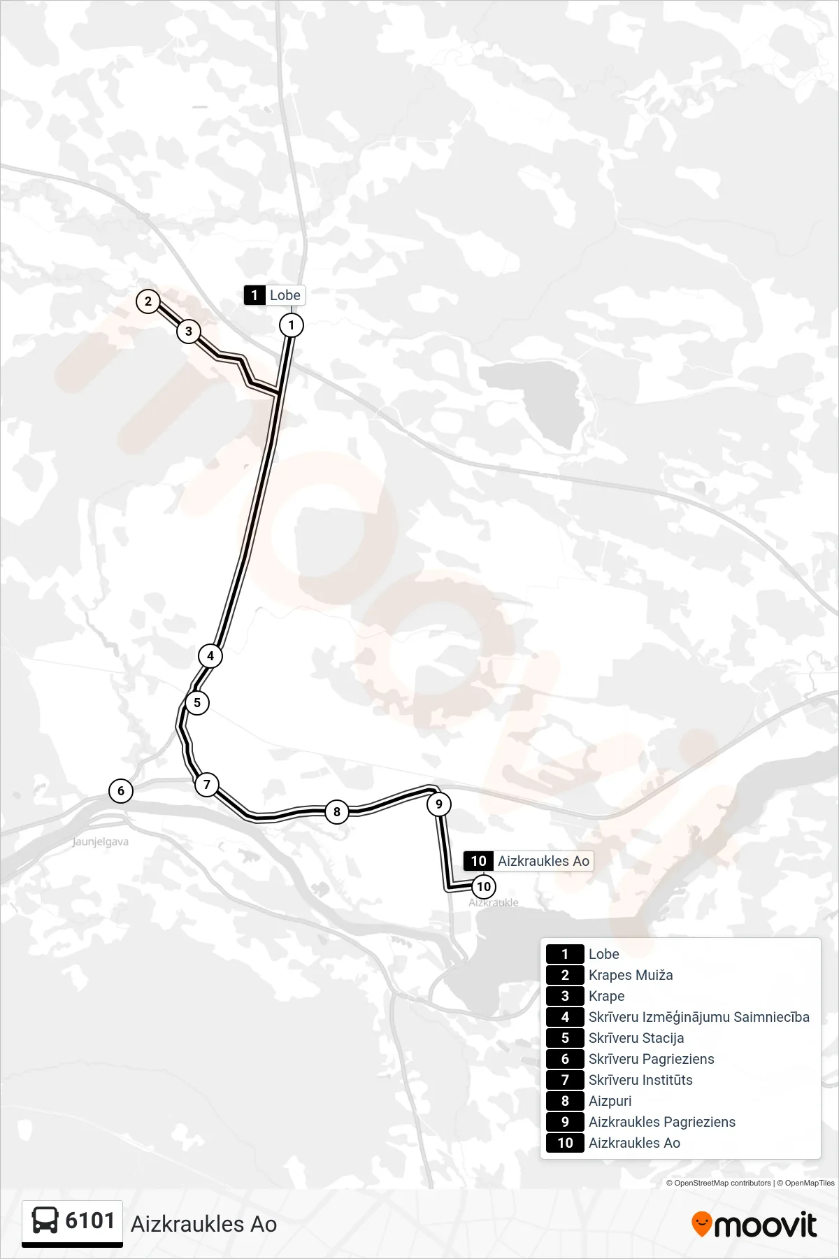 6101 bus Line (Aizkraukles Ao) route and stops on a map