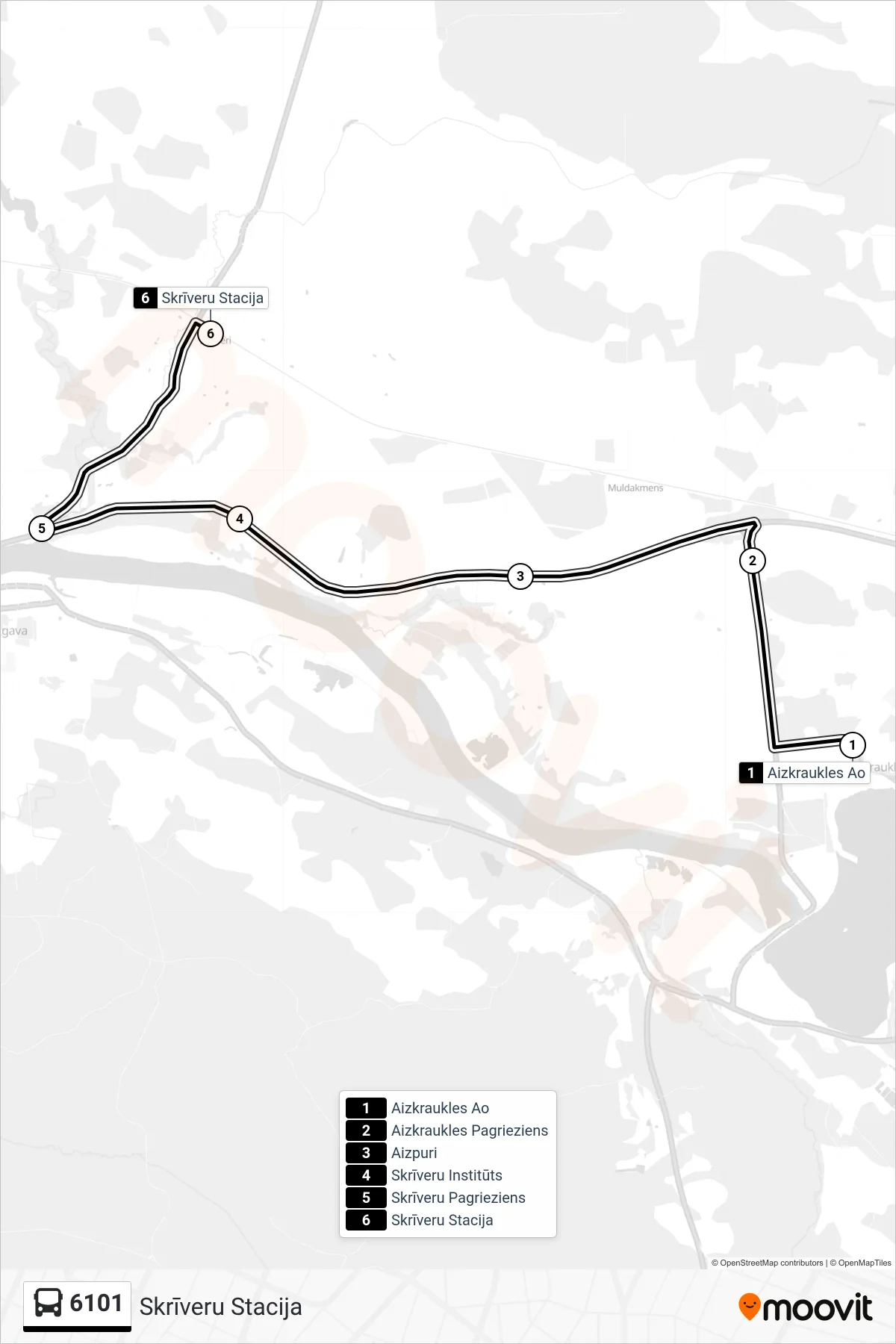 6101 bus Line (Skrīveru Stacija) route and stops on a map