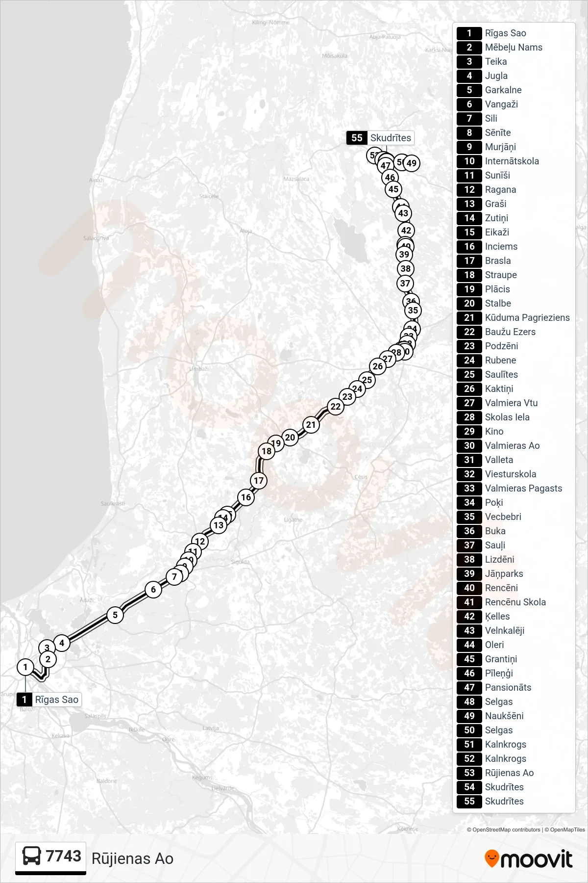 7743 bus Line (Rūjienas Ao) route and stops on a map