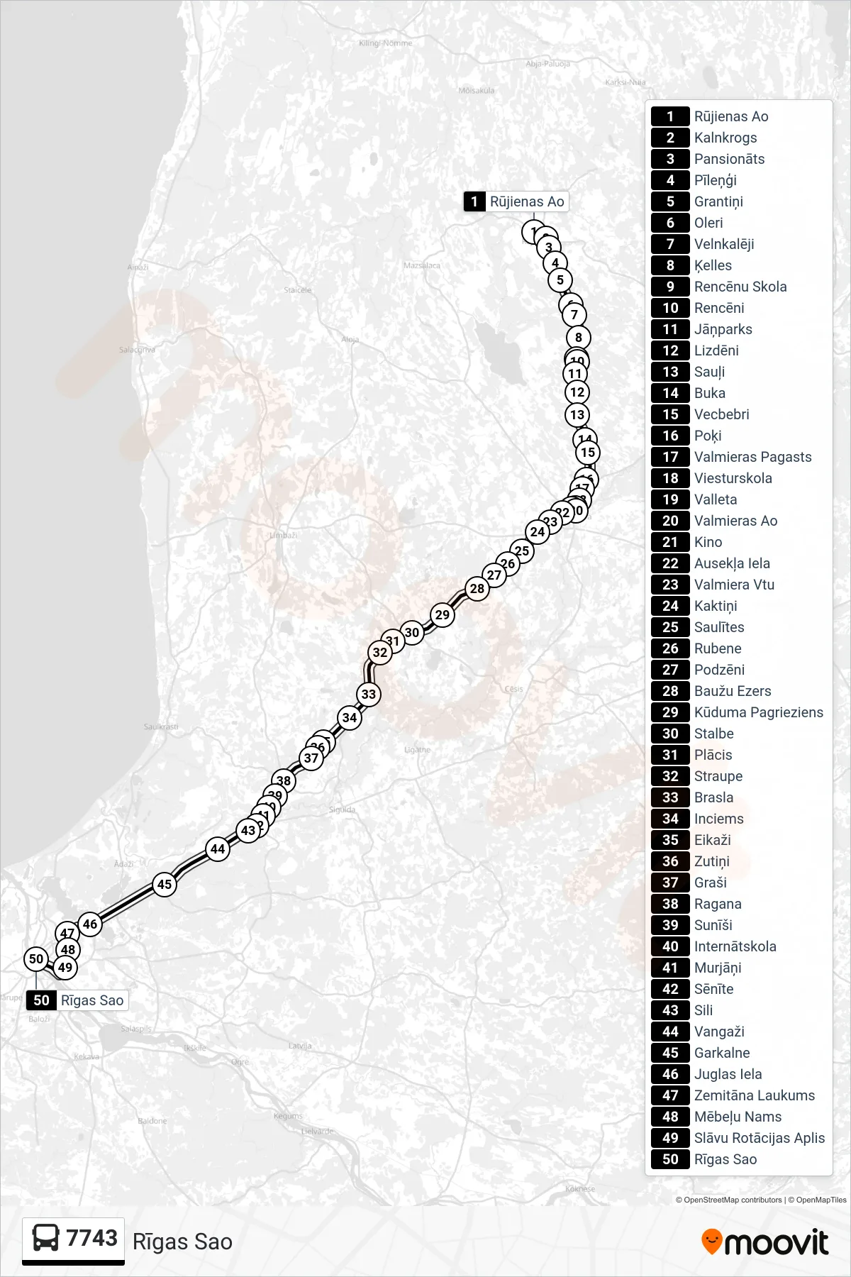 7743 bus Line (Rīgas Sao) route and stops on a map